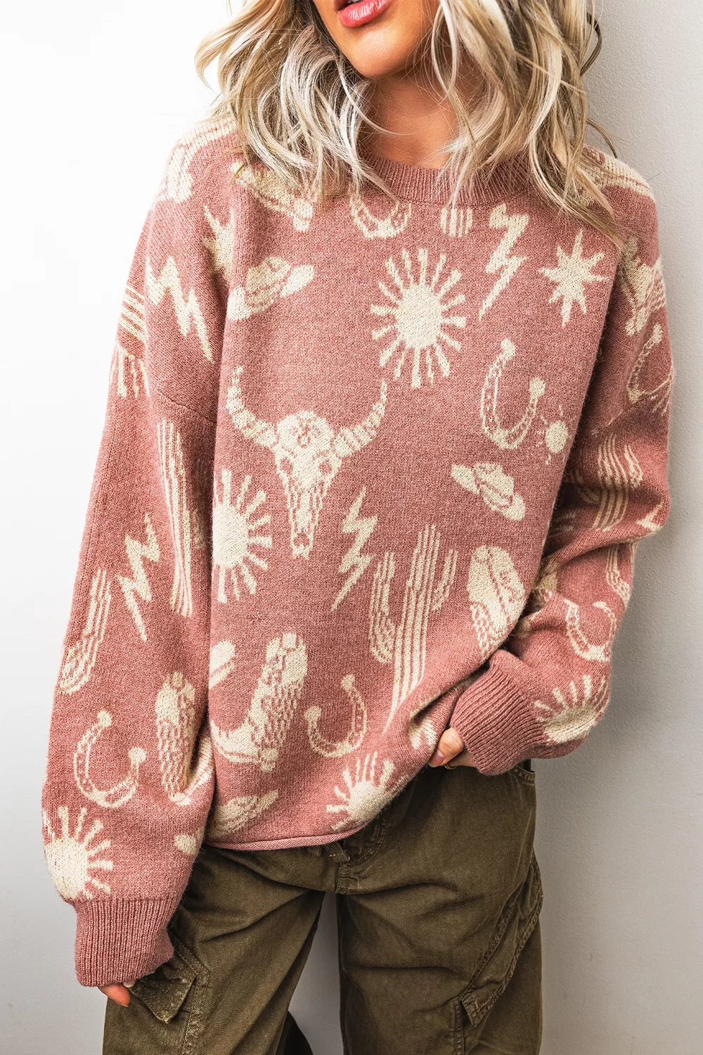 Western Graphic Ribbed Round Neck Sweater side view