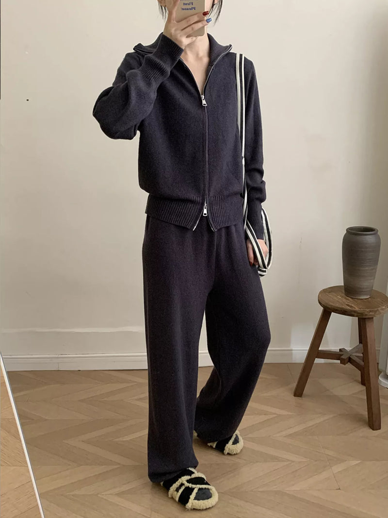 Zip up jacket and wide leg pants two piece set front view