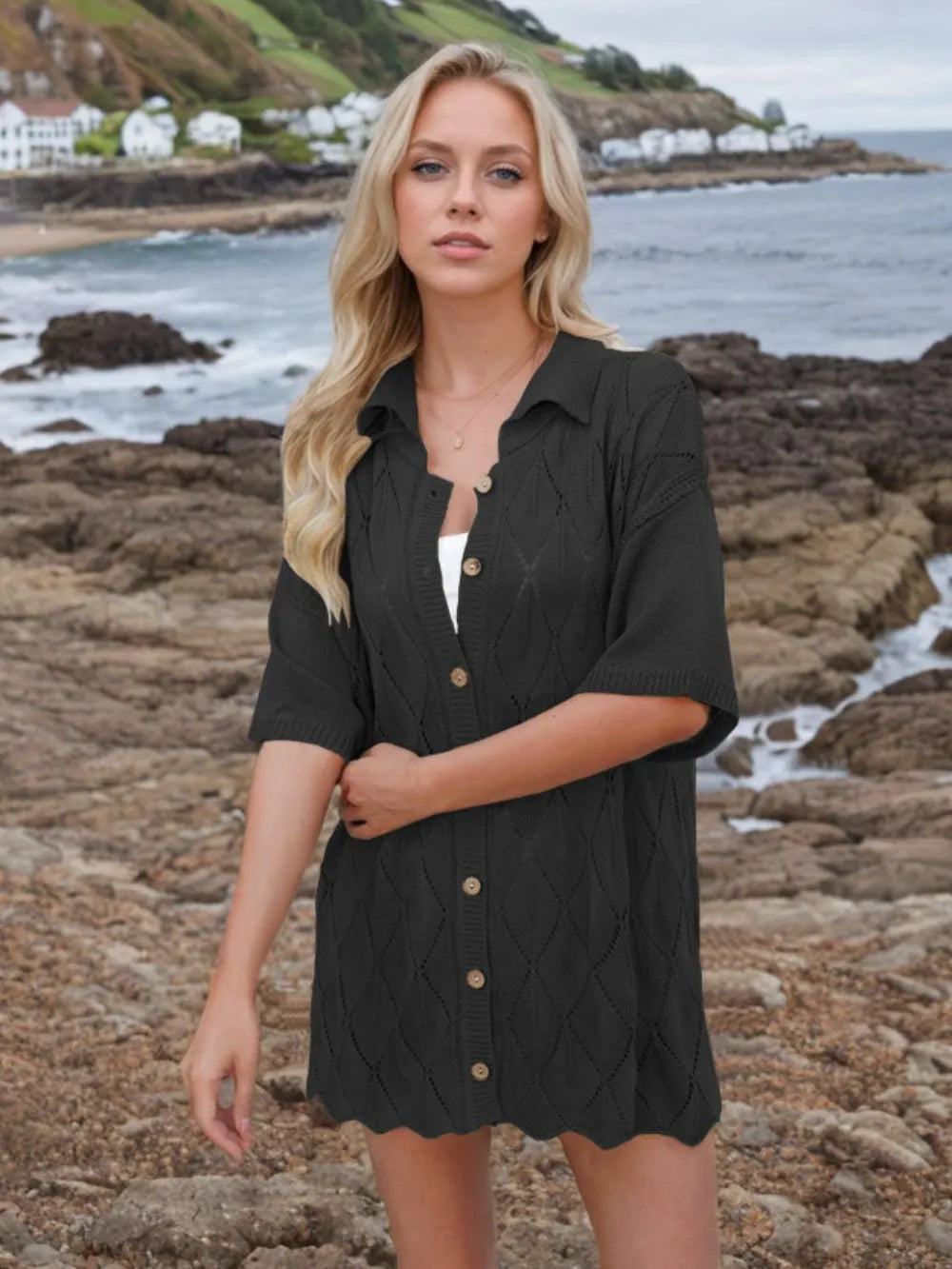 Button Down Eyelet Collared Neck Knit Shirt - Fashorio