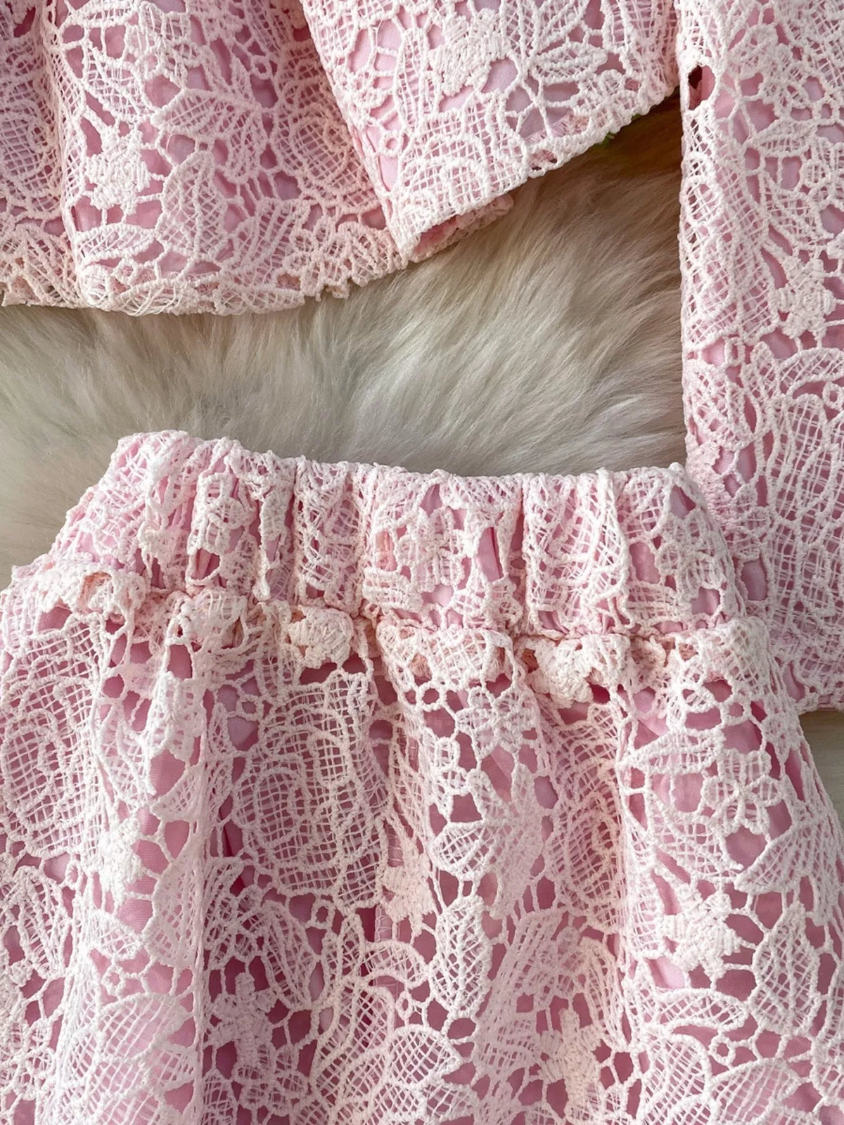Pastel lace coordinated set fabric texture