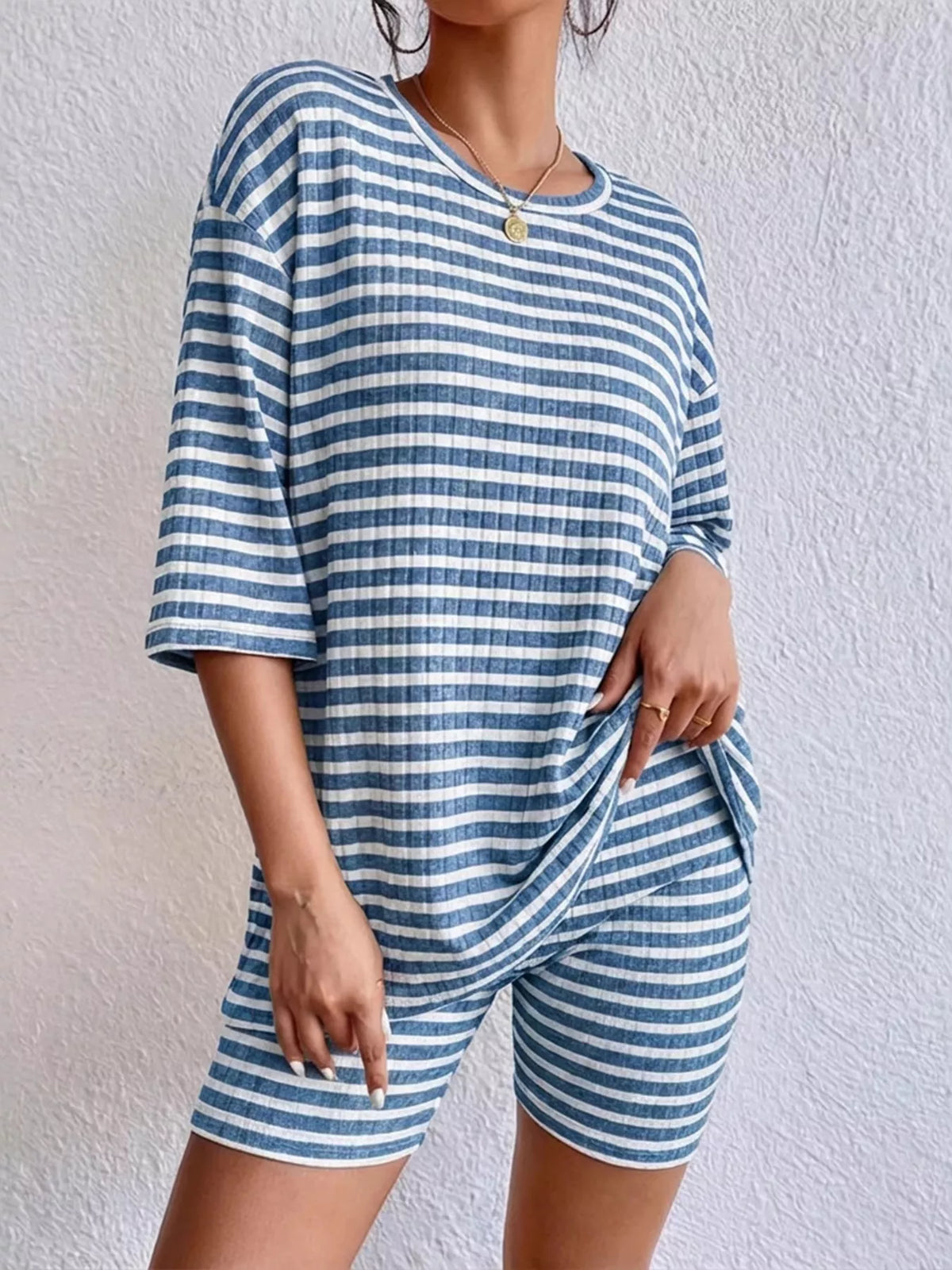 Striped Round Neck Top and Shorts Set, view 13