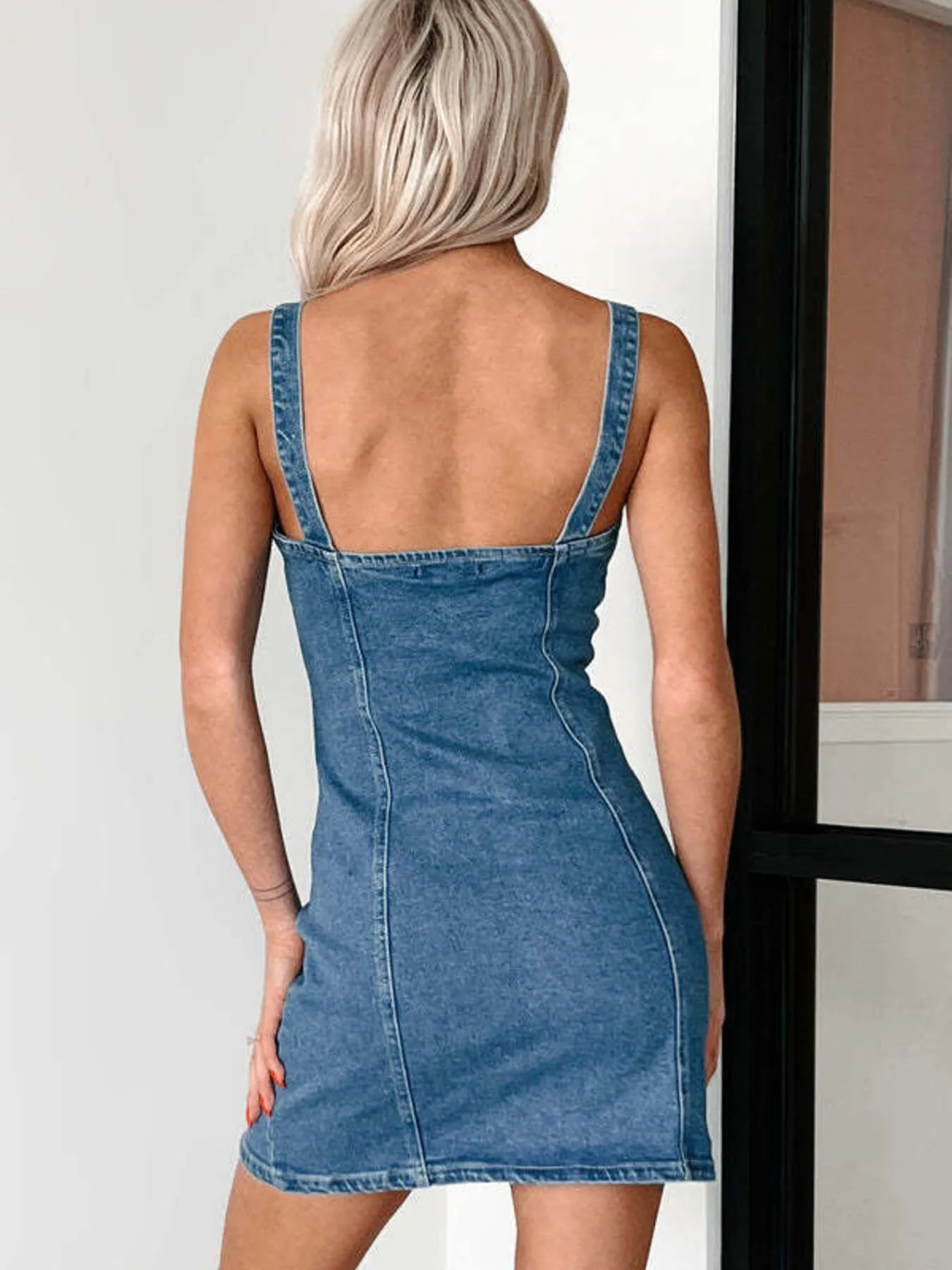 Button Front Sweetheart Neck Denim Mini Dress - Fashorio