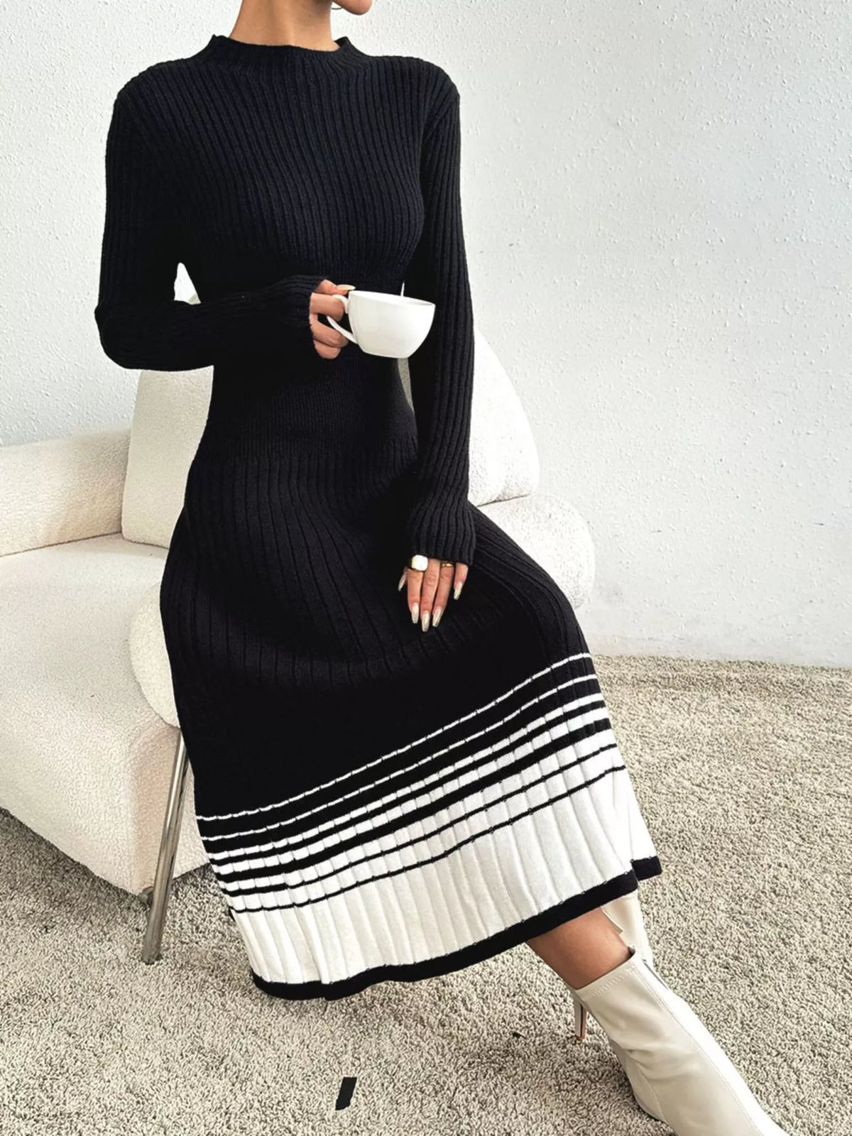 Ribbed knit sweater dress front view