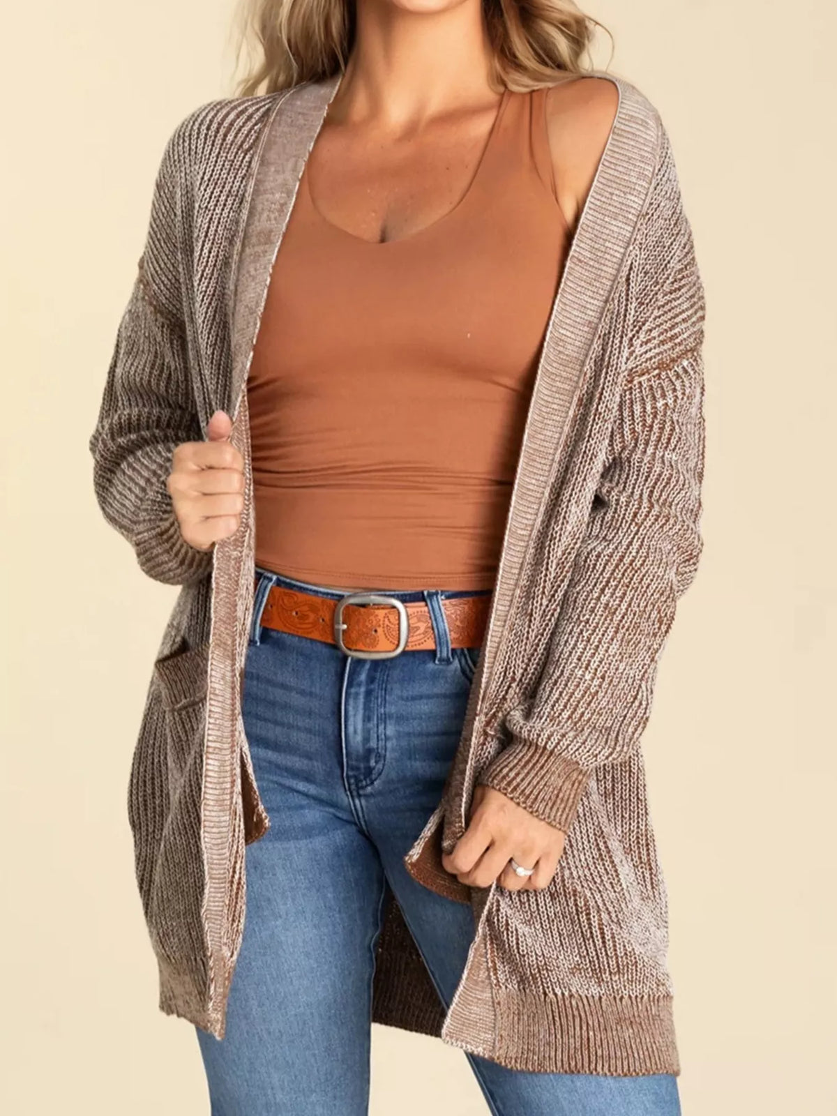 open front cardigan with pockets front view