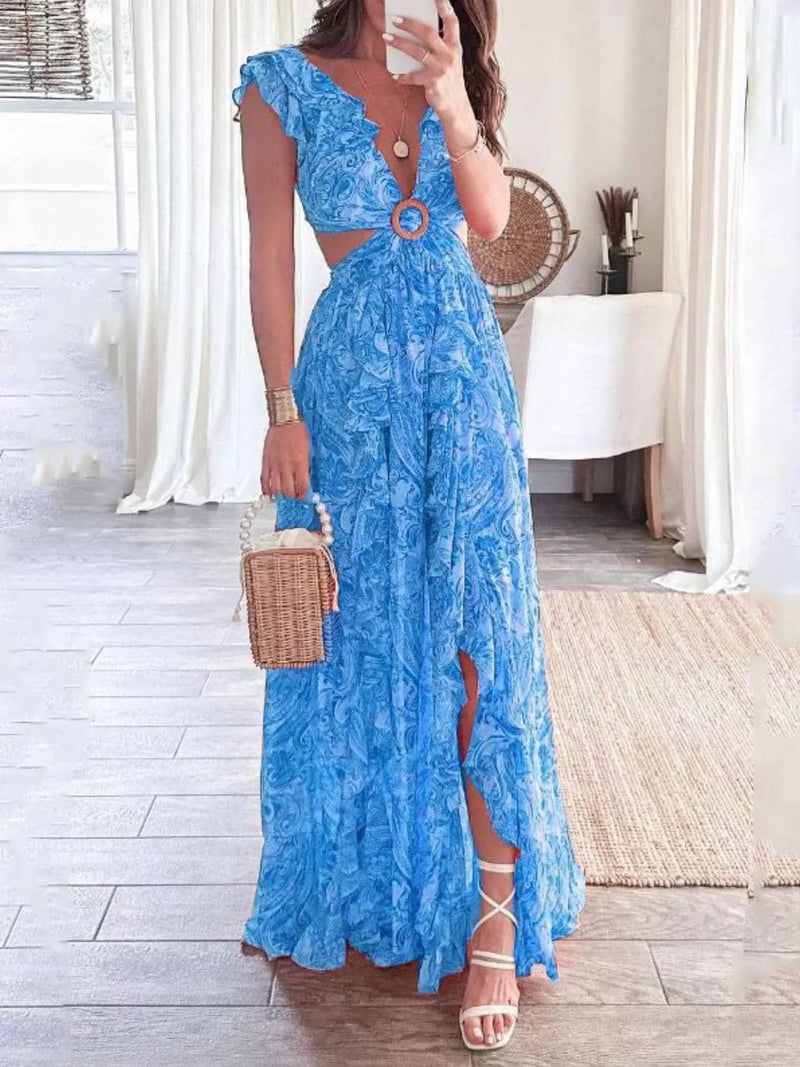 Ruffled cutout V neck maxi dress front view