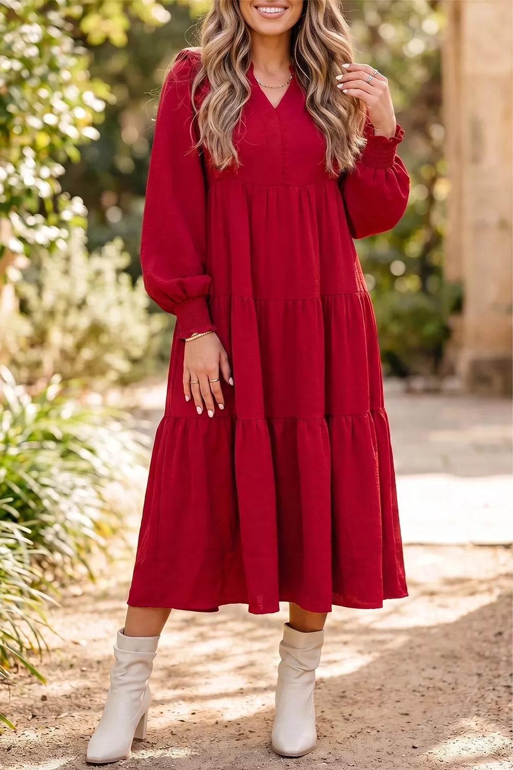 Burgundy tiered midi dress with ruffle trim, front view