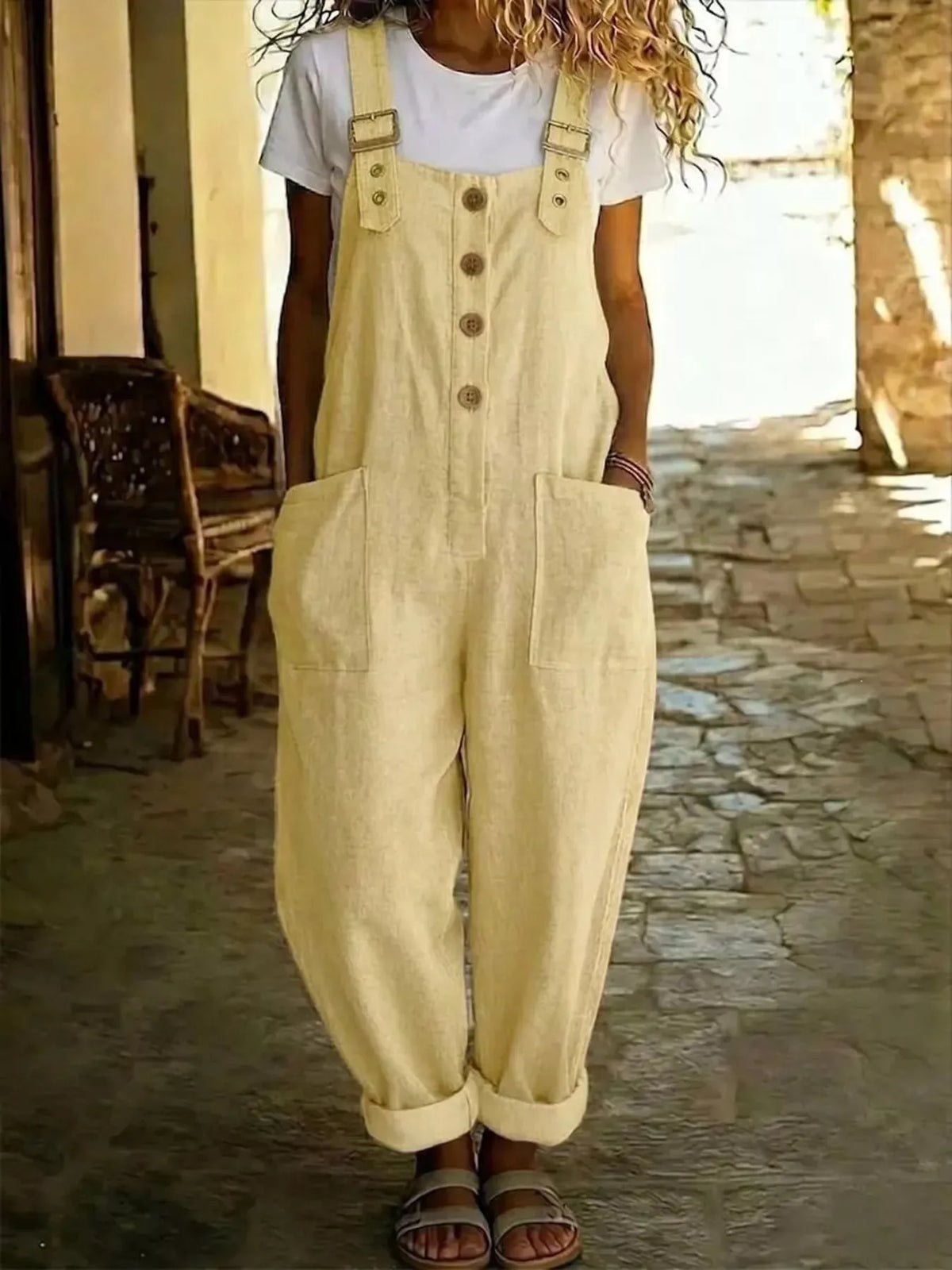 Button front wide leg overalls back view
