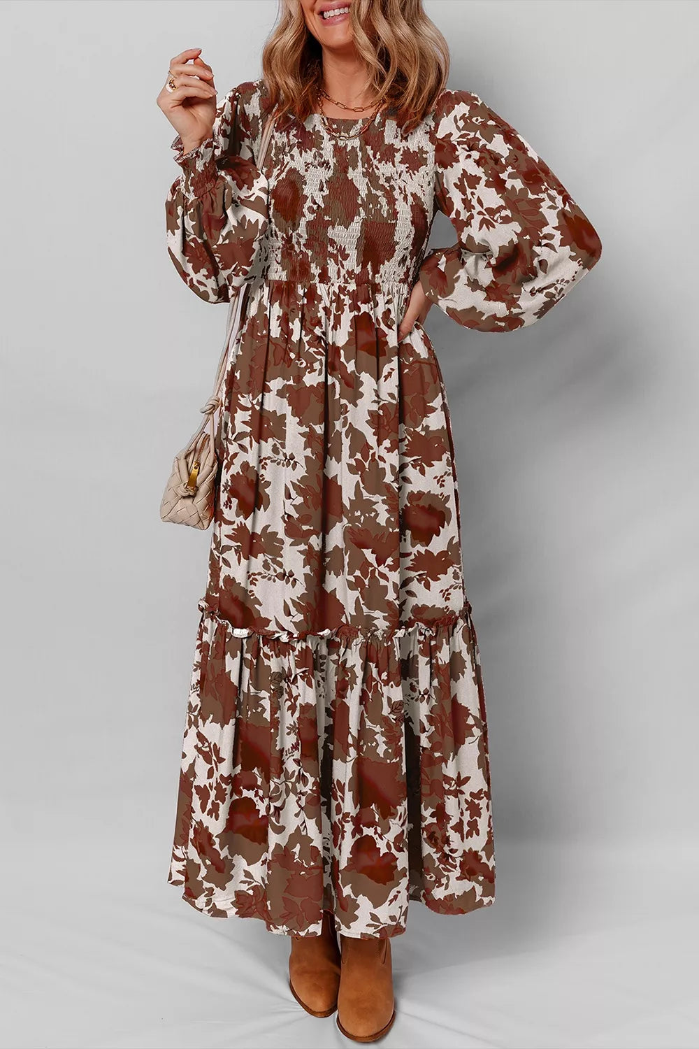 Floral maxi dress in coffee brown with puff sleeves