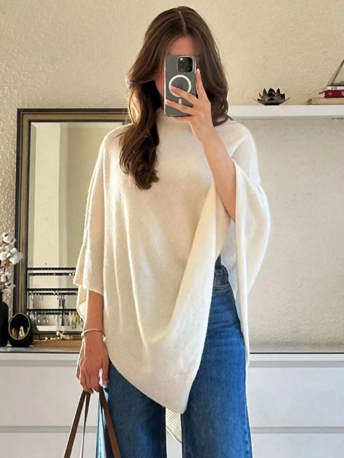Turtleneck loose knit sweater poncho front view