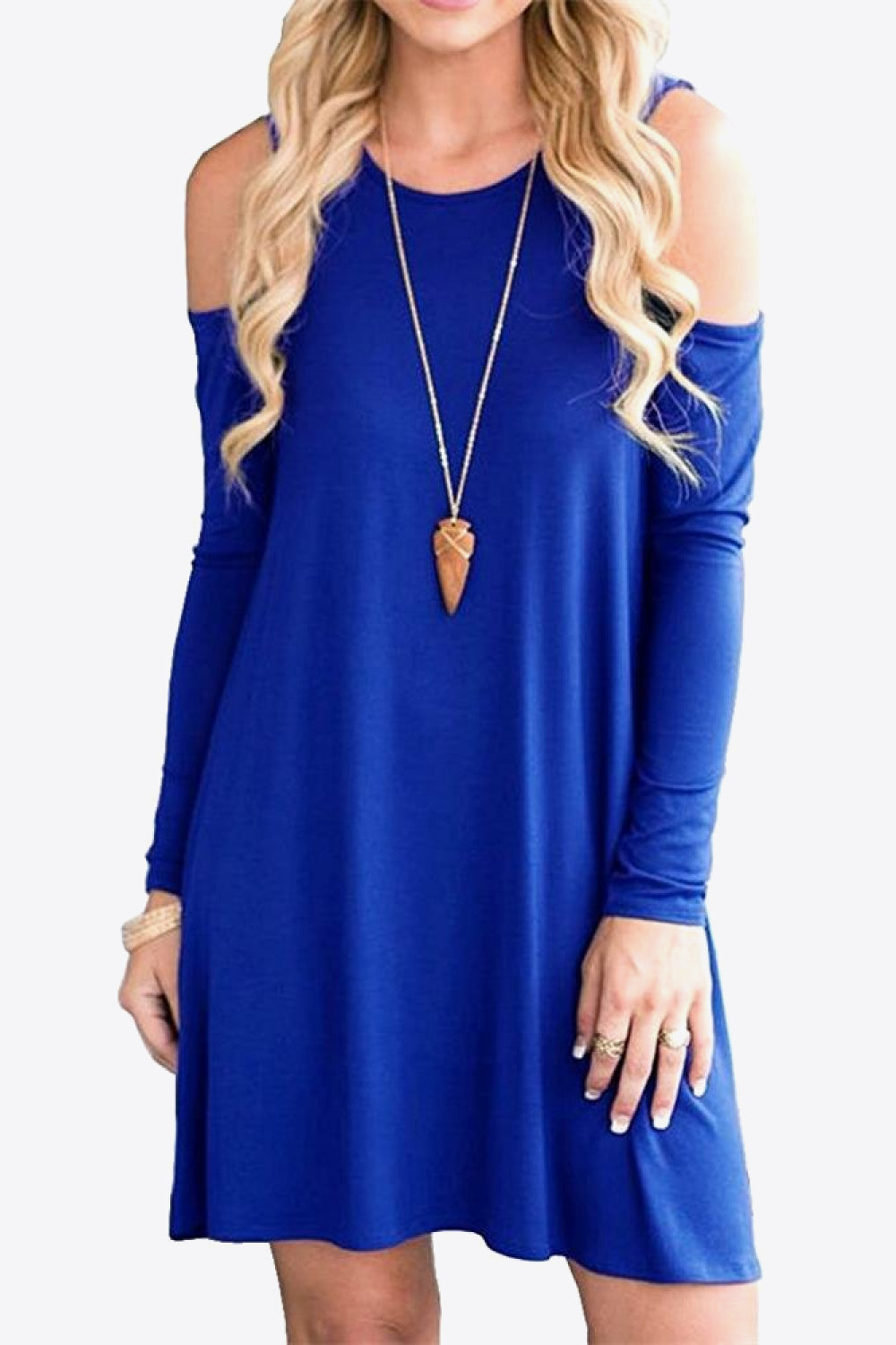 Cold-Shoulder Long Sleeve Mini Dress – Casual Round Neck Style Royal blue - Fashorio