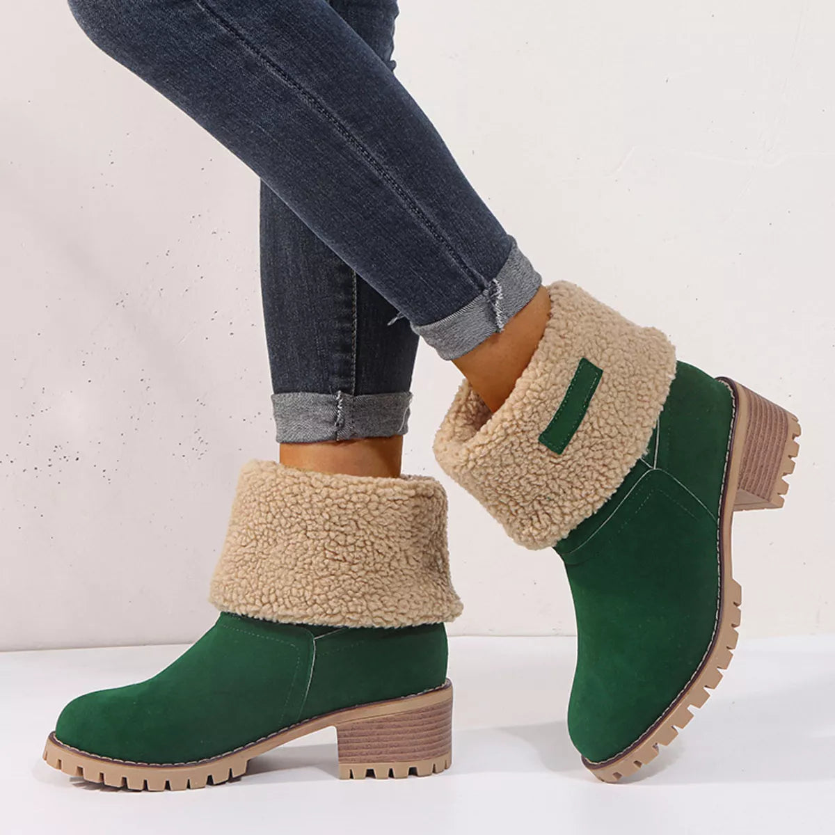 Suede round toe block heel boots side profile