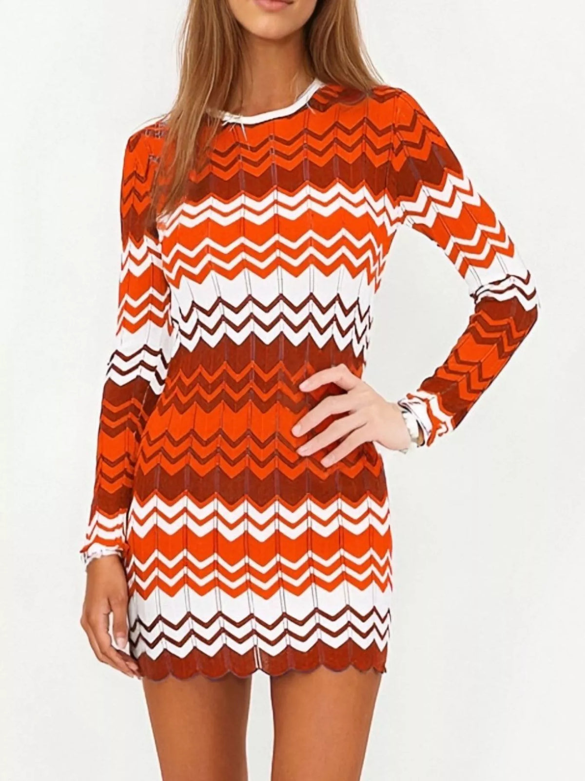 openwork wave pattern knit sweater dress front view