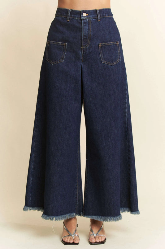 Davi & Dani Patch Pocket Wide Leg Culotte Jeans DARK DENIM - Fashorio