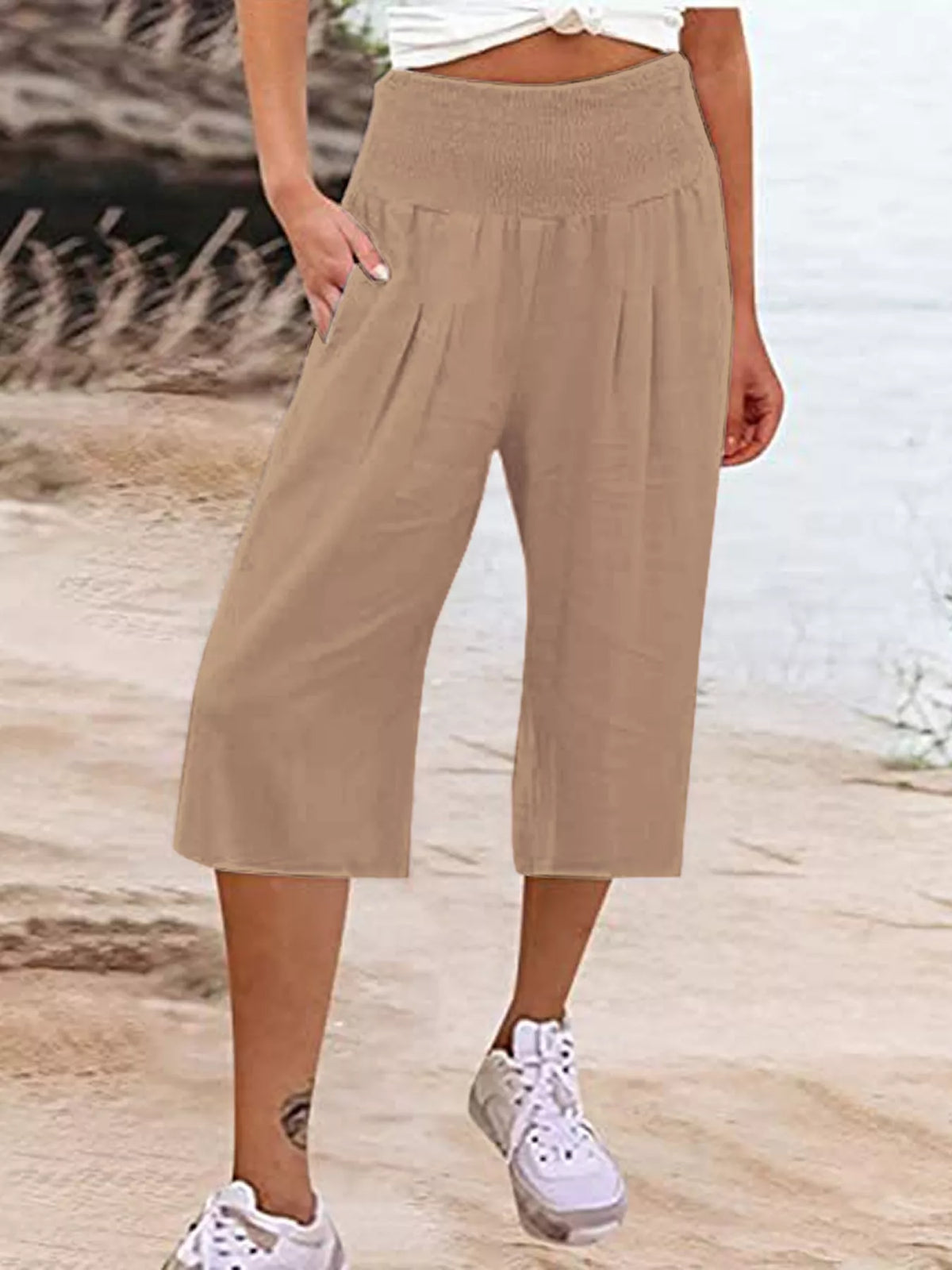 Smocked capri pants shown in grey