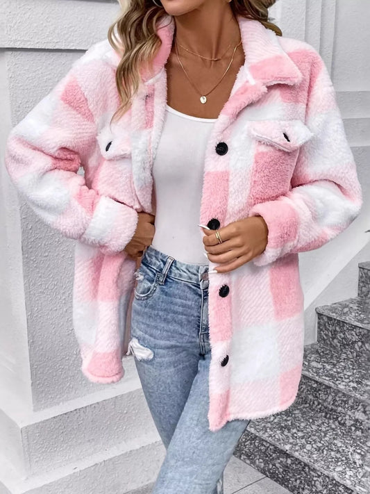 Plaid Fleece Button-Up Outerwear Pink - Fashorio