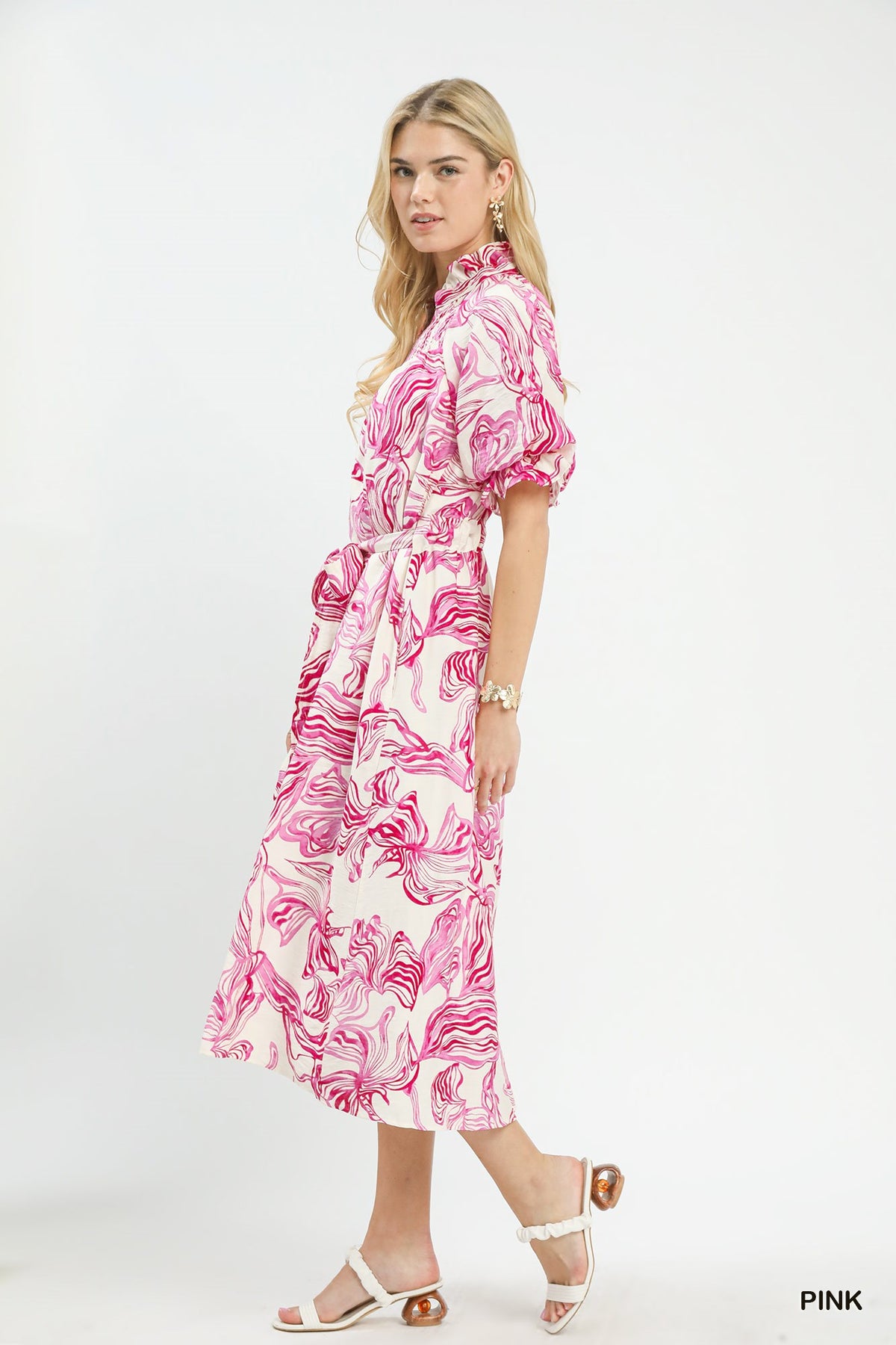 Abstract Print Smocked Tie Waist Midi Dress back view