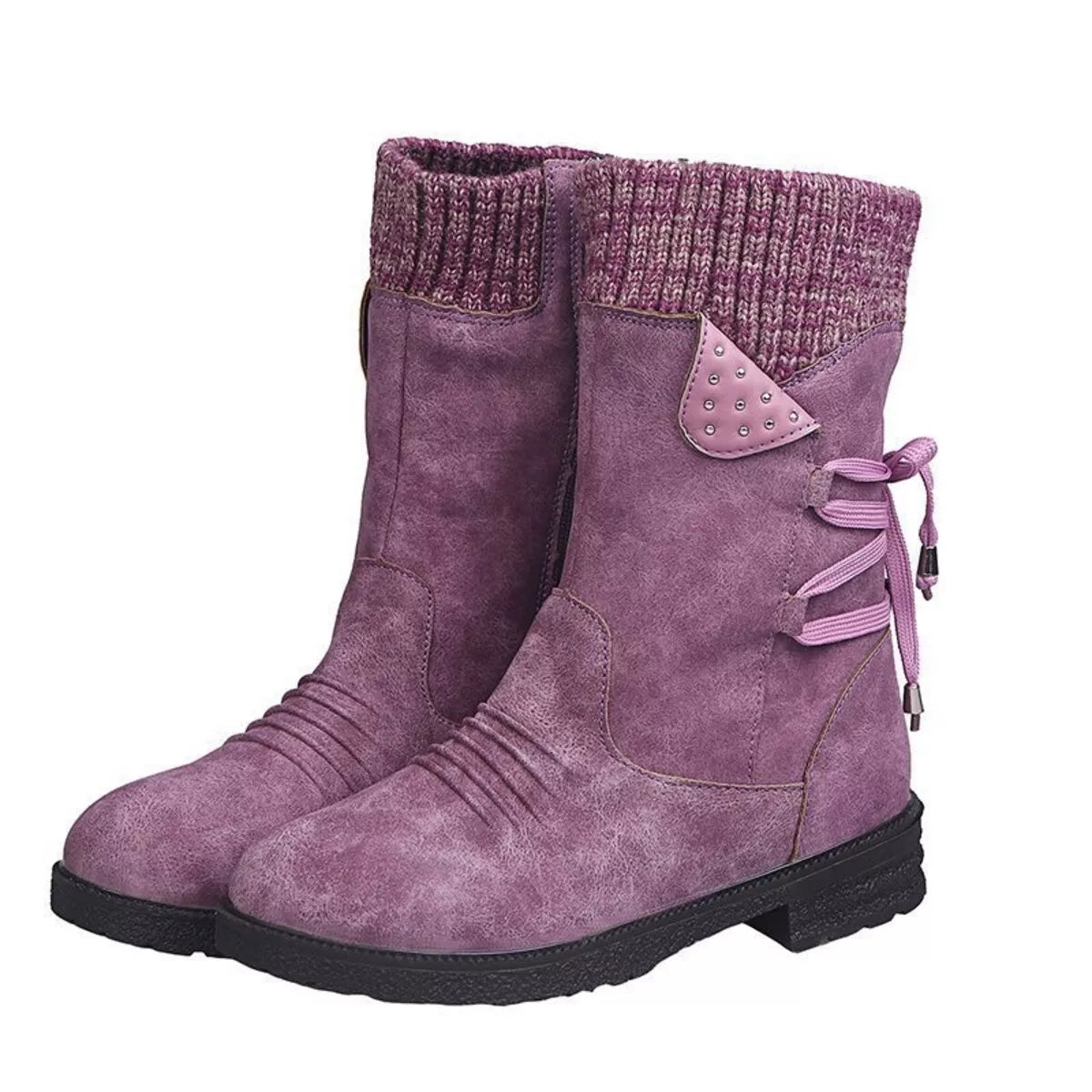 Purple knitted cuff round toe boots heel detail
