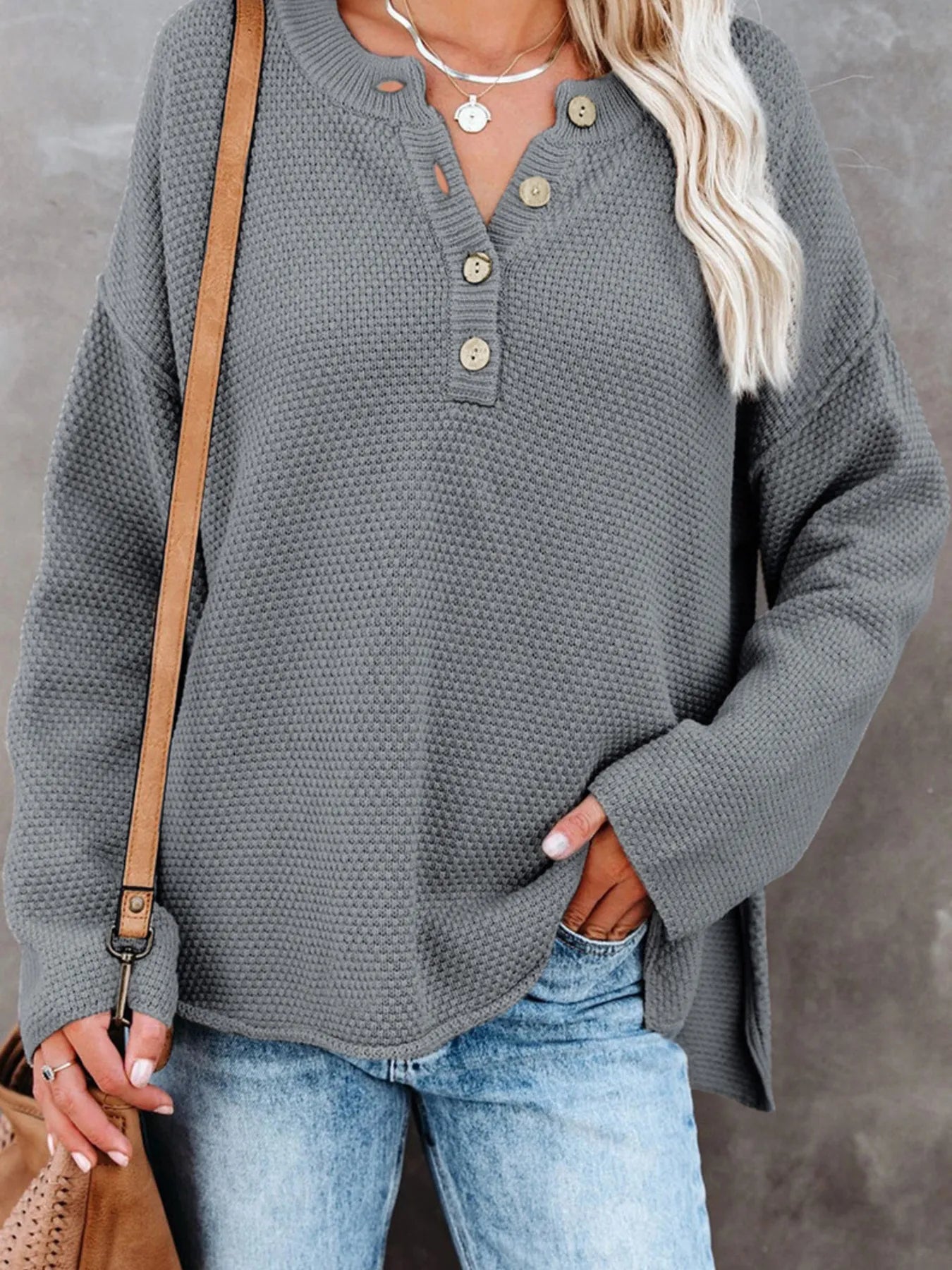 Button Detail Long Sleeve Knit Top Gray - Fashorio
