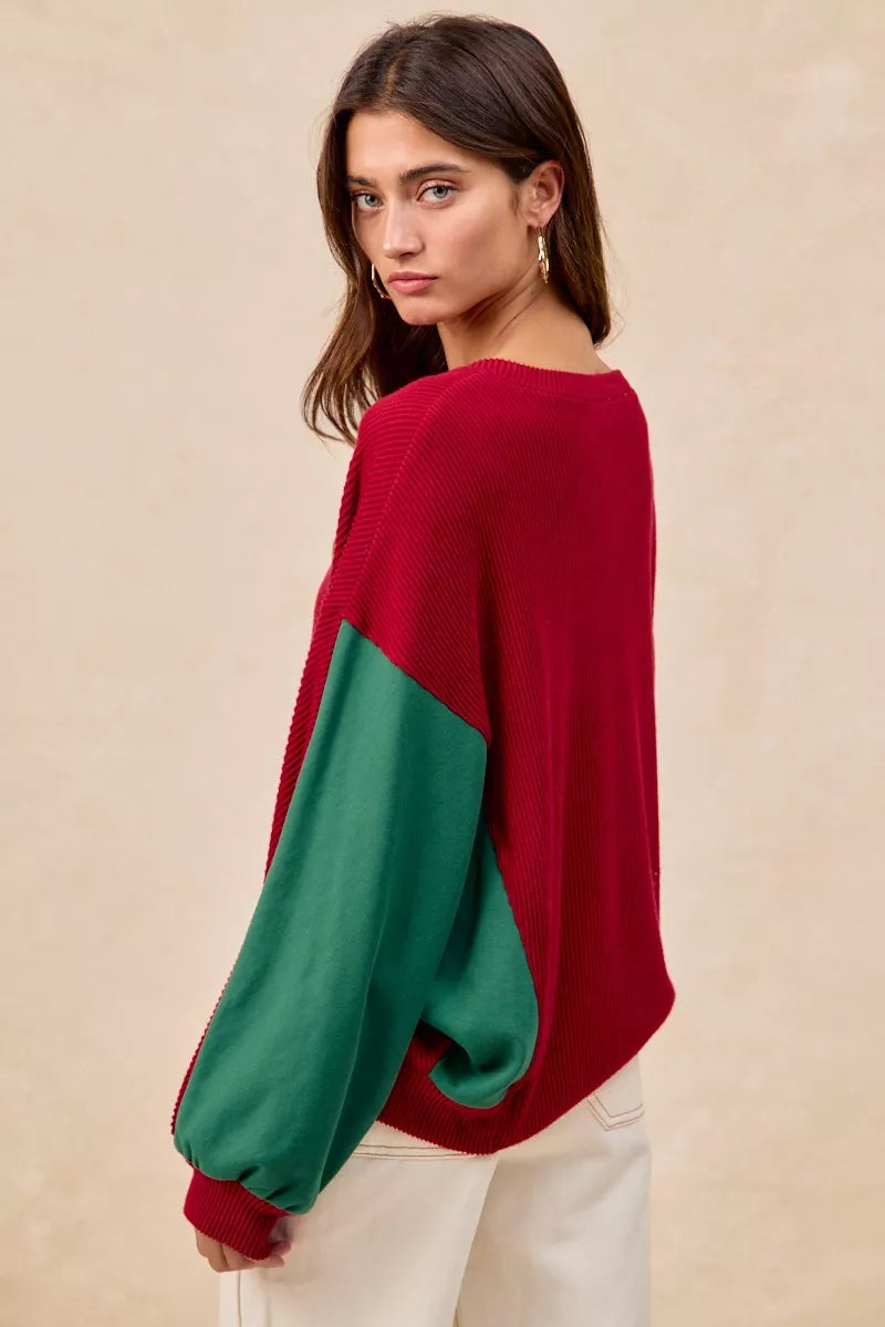 Embroidered Christmas Tree Sweater in Red close up