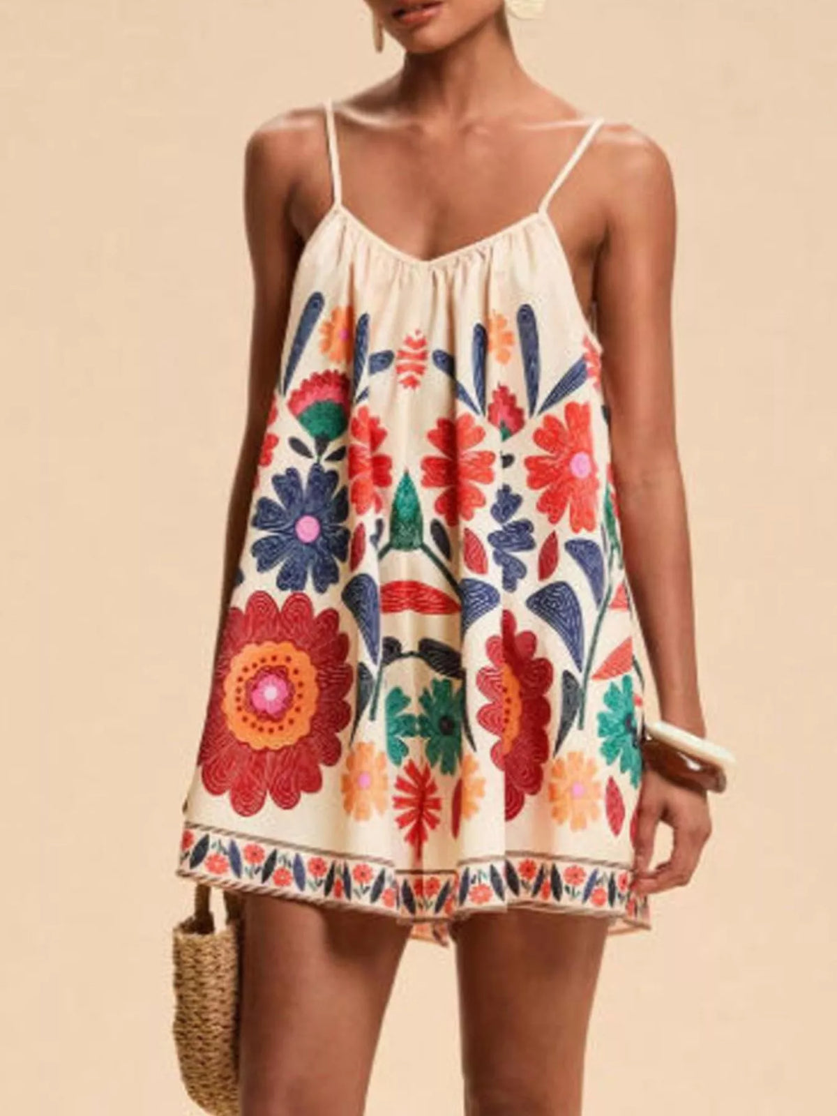 Floral print romper close up of the ruched detail