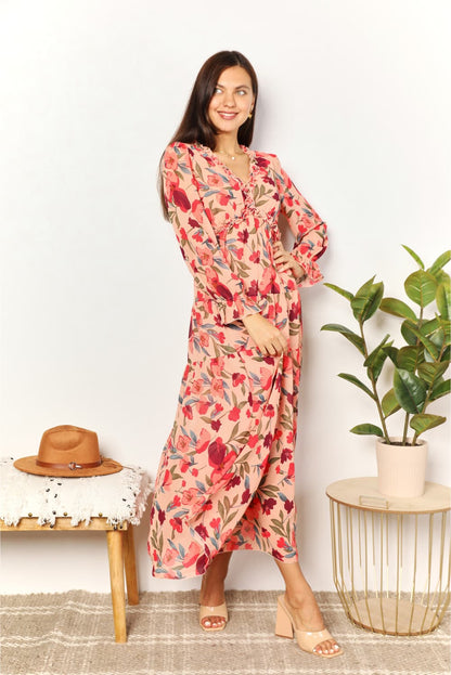 Double Take Floral Frill Trim Flounce Sleeve Plunge Maxi Dress - Fashorio