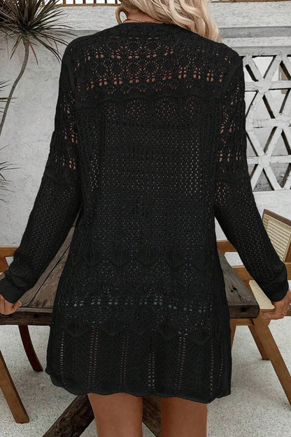 Openwork Open Front Long Sleeve Cardigan - Fashorio