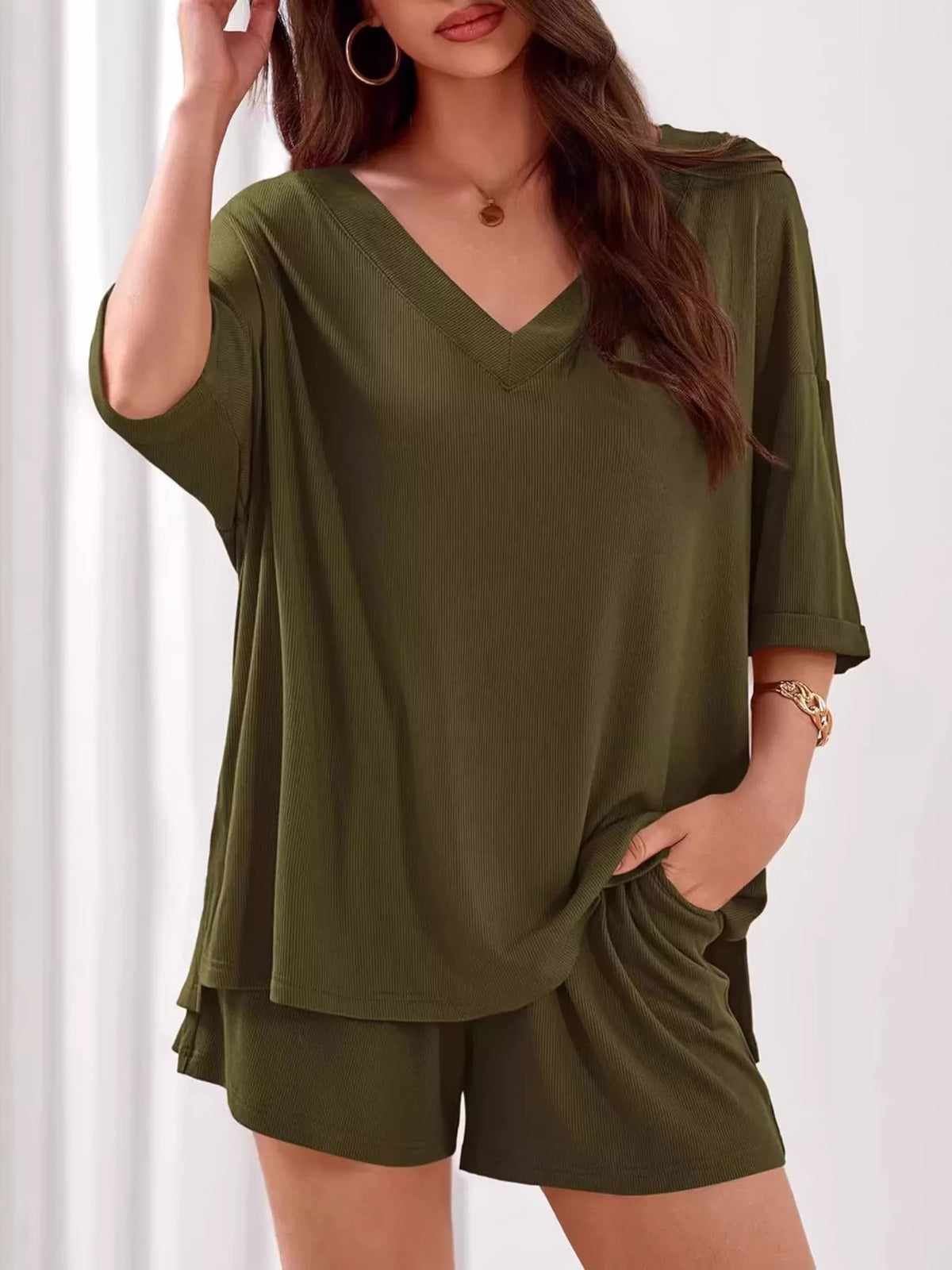 V Neck Top and Shorts Two Piece Set, view 15