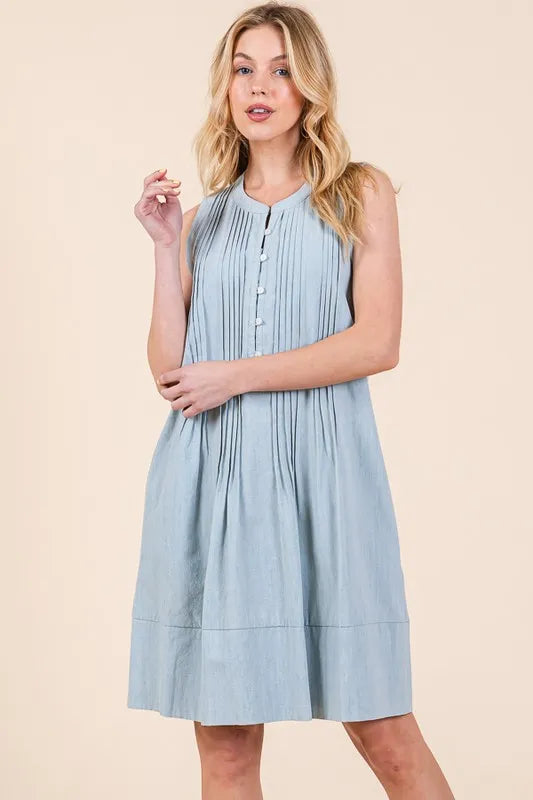 Lime 'N' Chili Denim Pintuck Detail Sleeveless Midi Dress - Fashorio