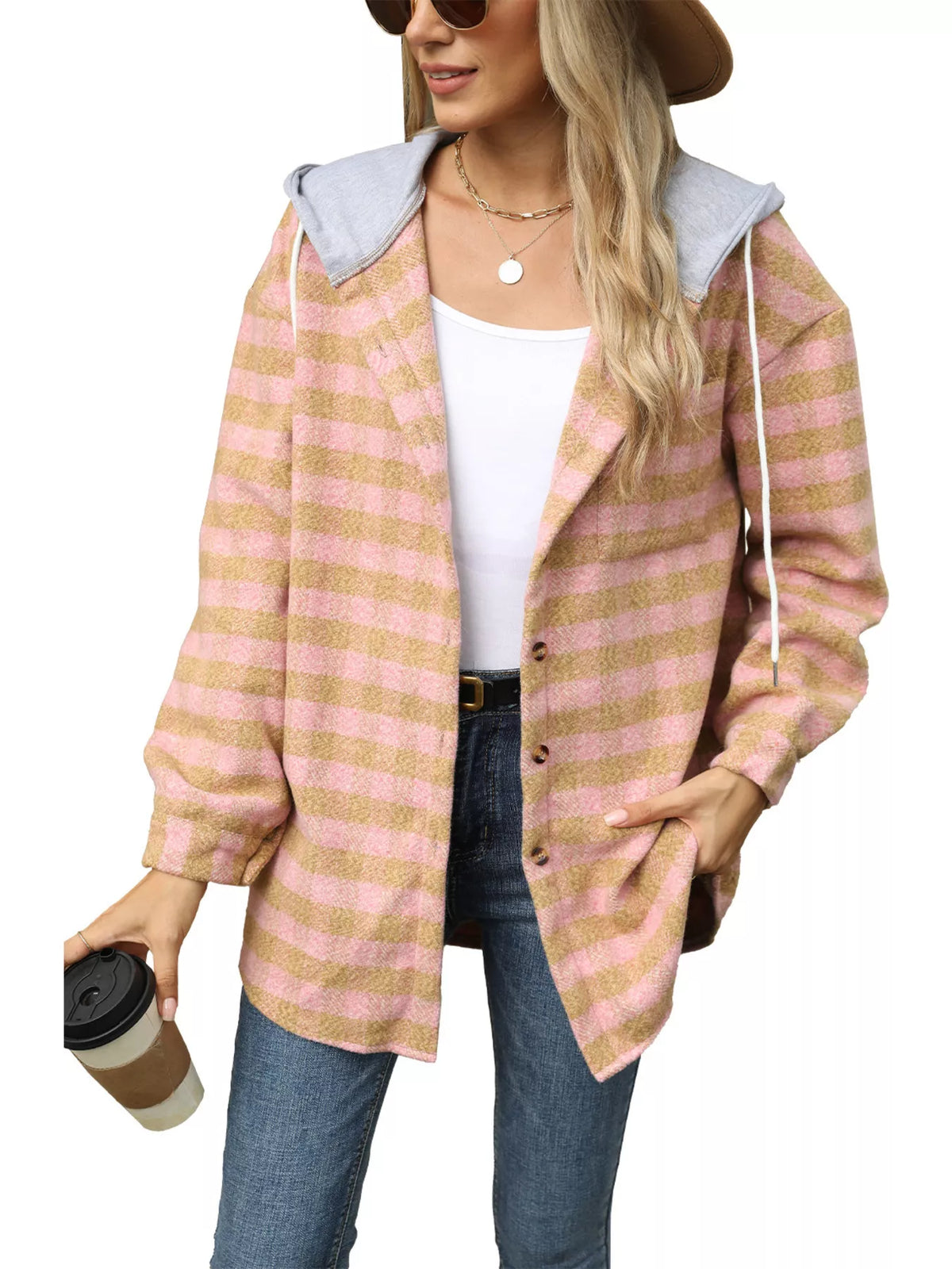 Plaid Hooded Drawstring Jacket in Black view 14