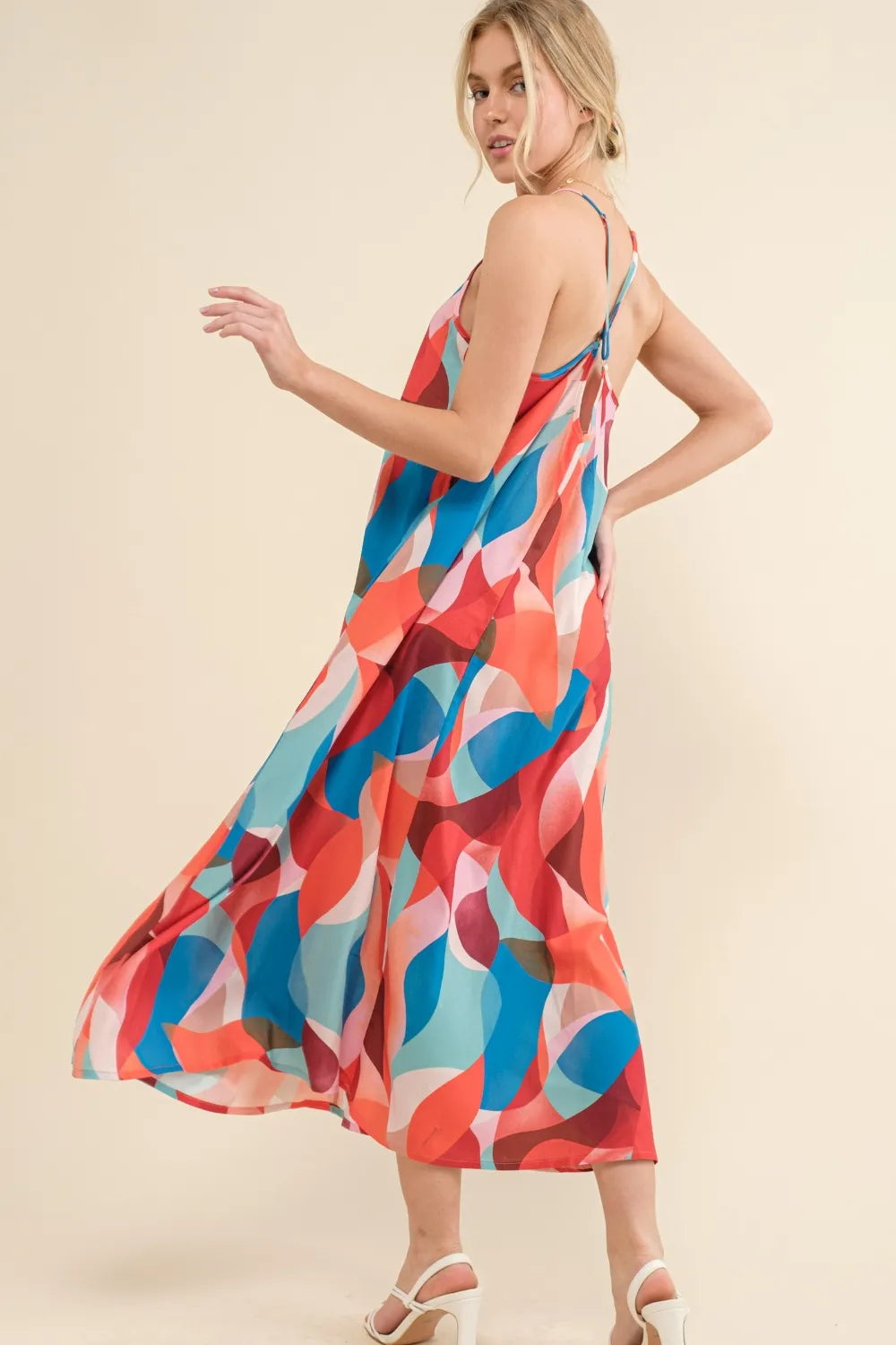 Printed Crisscross Back Cami Dress in Blue back view