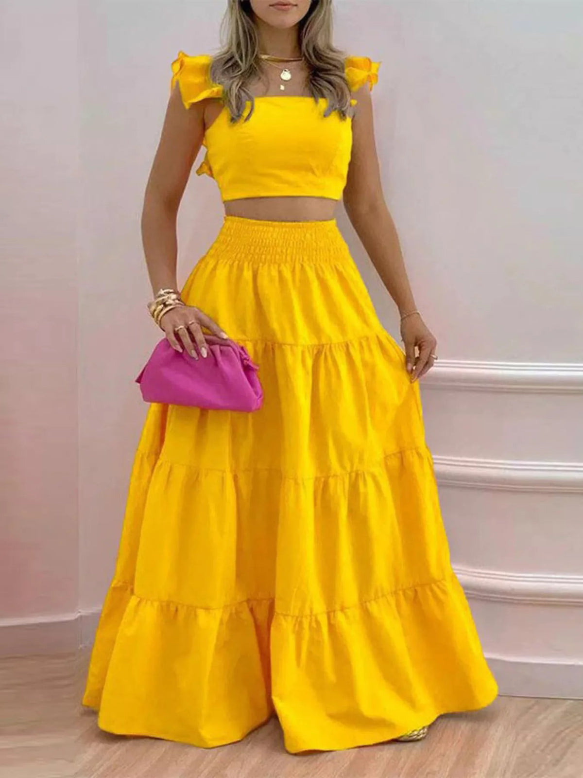 Lime green tiered maxi set look