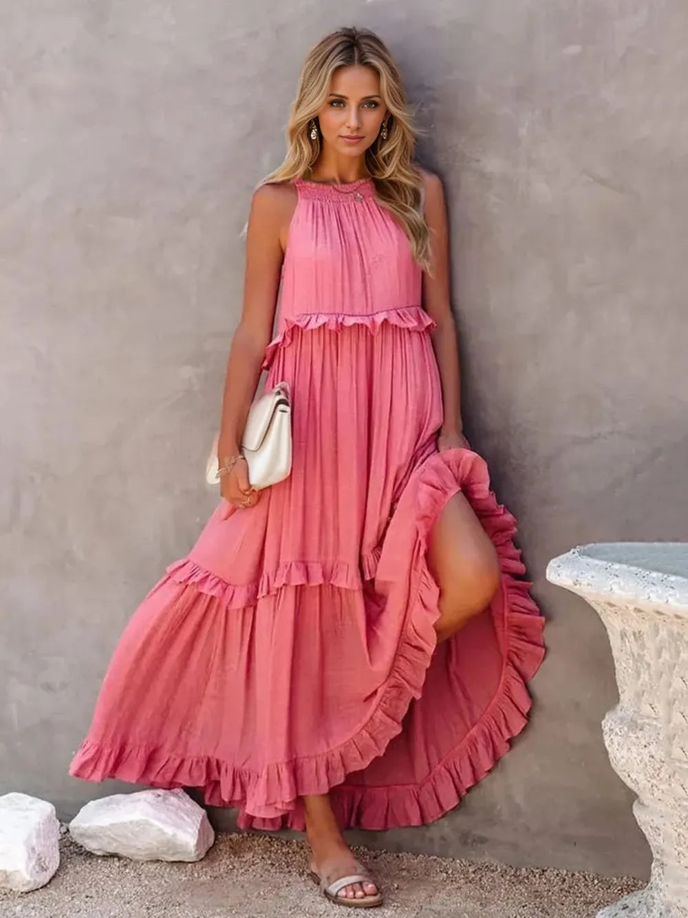 Ruffled Sleeveless Tiered Maxi Dress with Pockets Watermelon pink - Fashorio