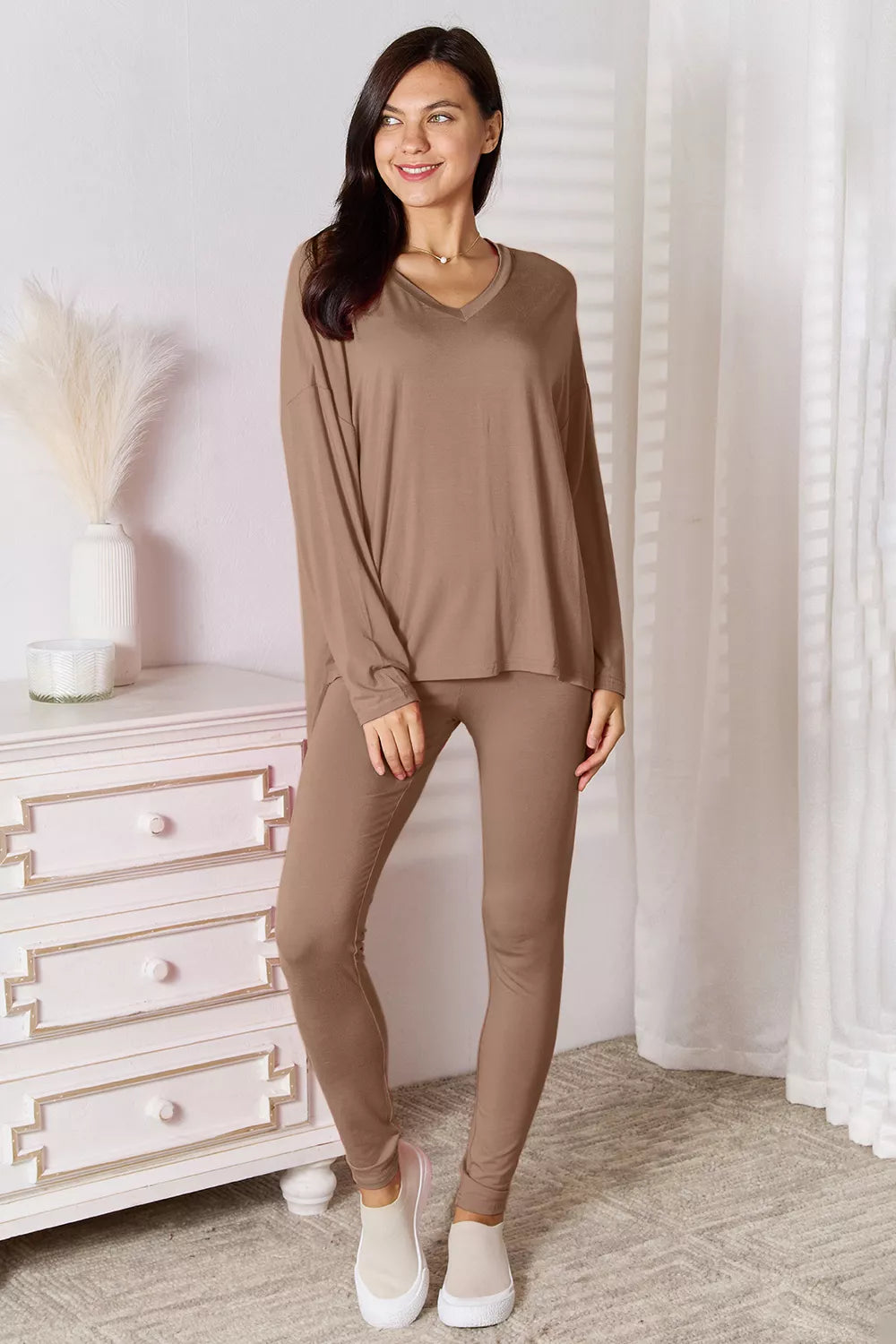 V neck long sleeve top and pants lounge set front view