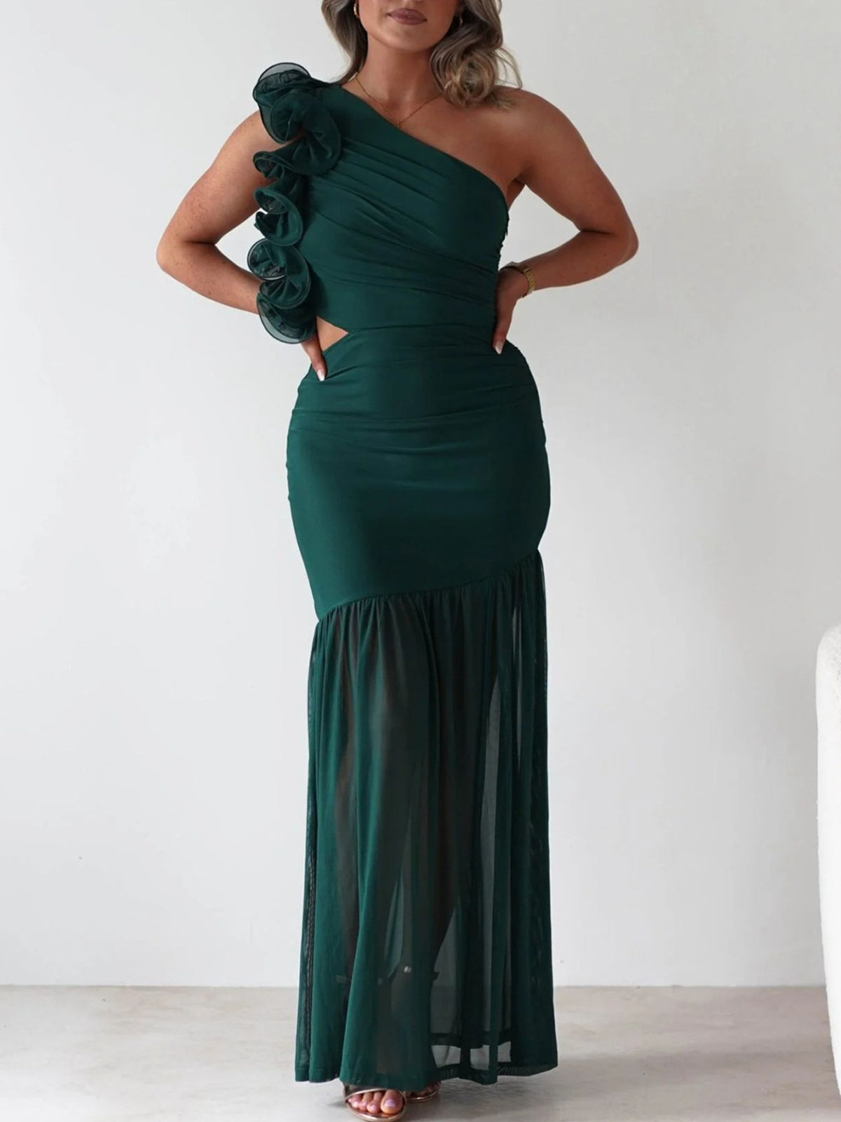 one shoulder ruffle trim maxi dress shoulder detail