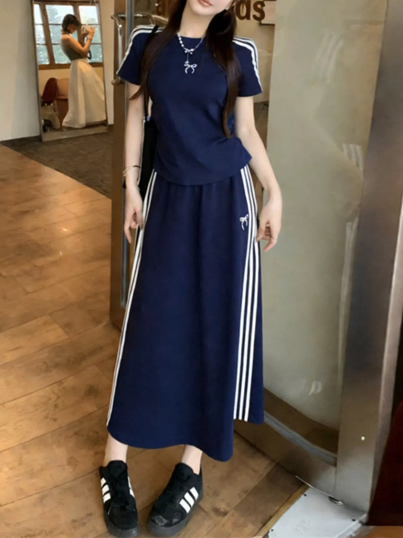 Striped round neck tee and skirt two piece set front view