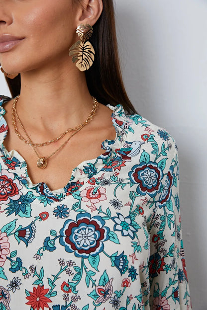 Floral Notched Long Sleeve Blouse - Fashorio