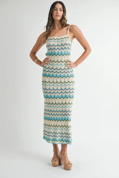 MABLE Lightweight Pointelle Chevron Knit Maxi Dress - Fashorio