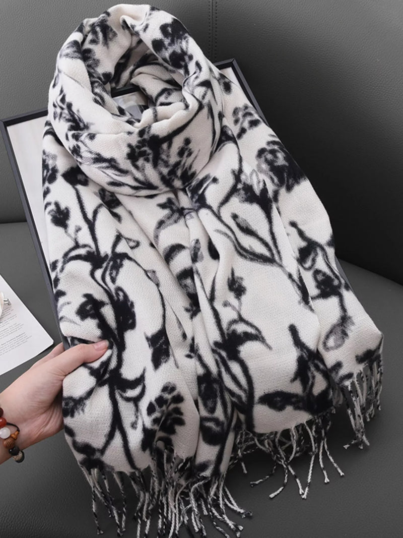 Floral print fringe scarf draped view