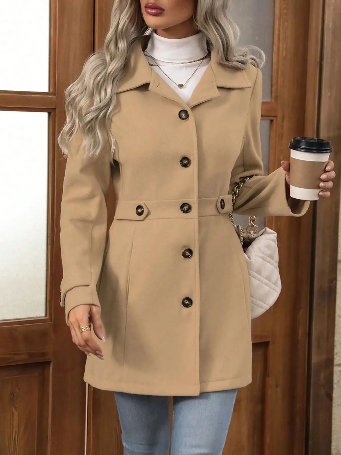 Button Up Long Sleeve Coat Khaki - Fashorio