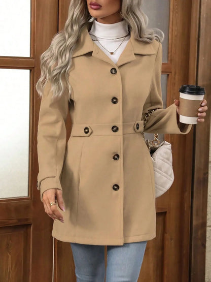 Button Up Long Sleeve Coat Khaki - Fashorio