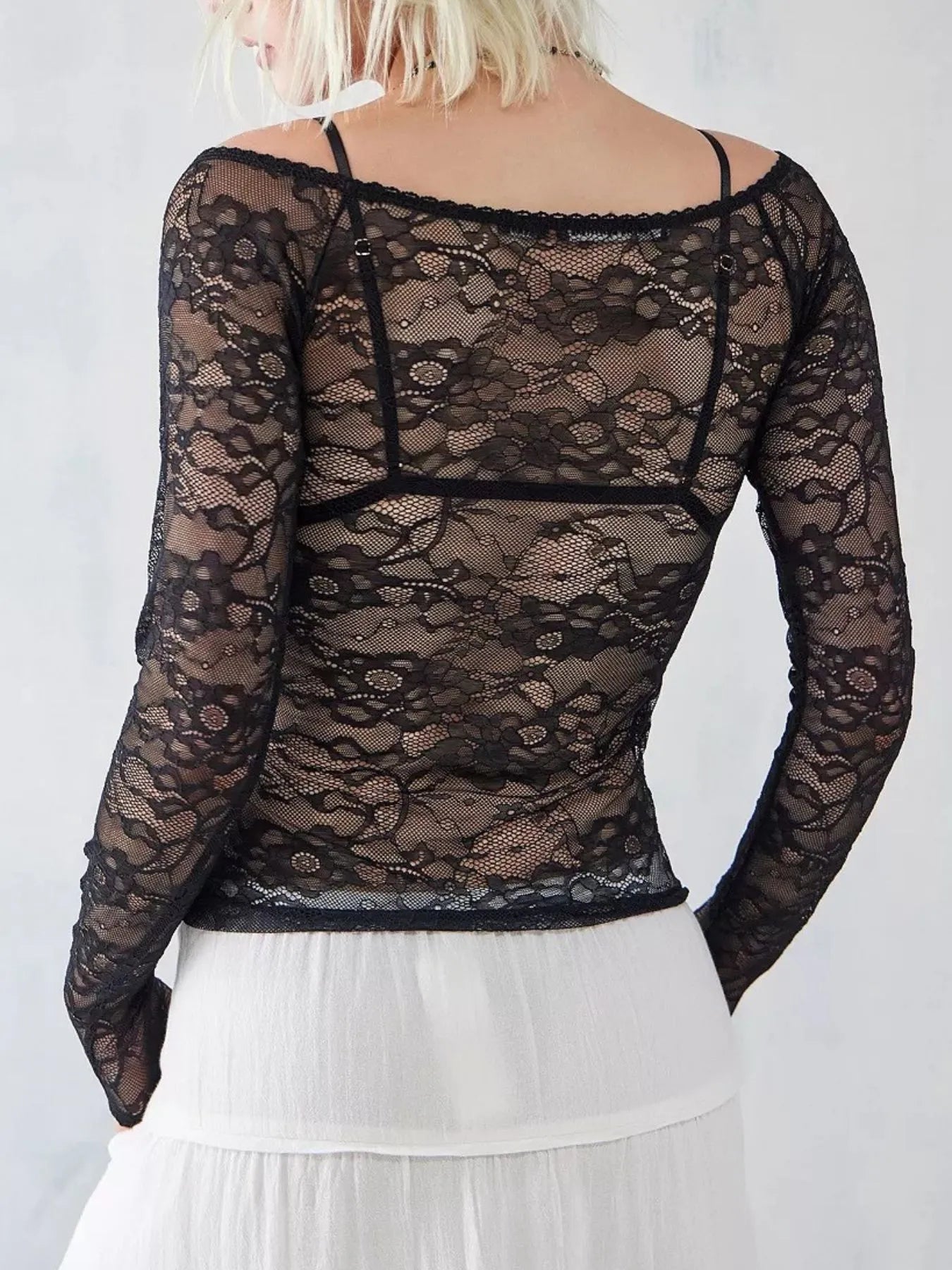 Lace Sheer Long Sleeve T-Shirt - Fashorio