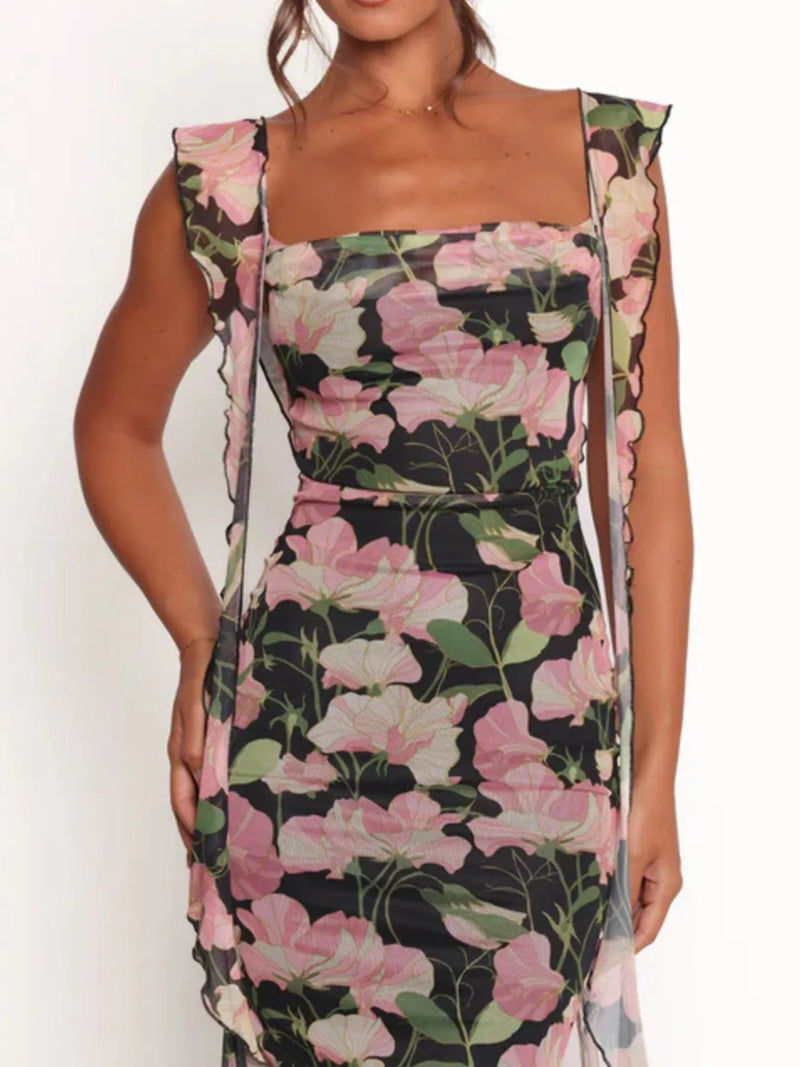 floral ruffle trim bodycon maxi dress front view
