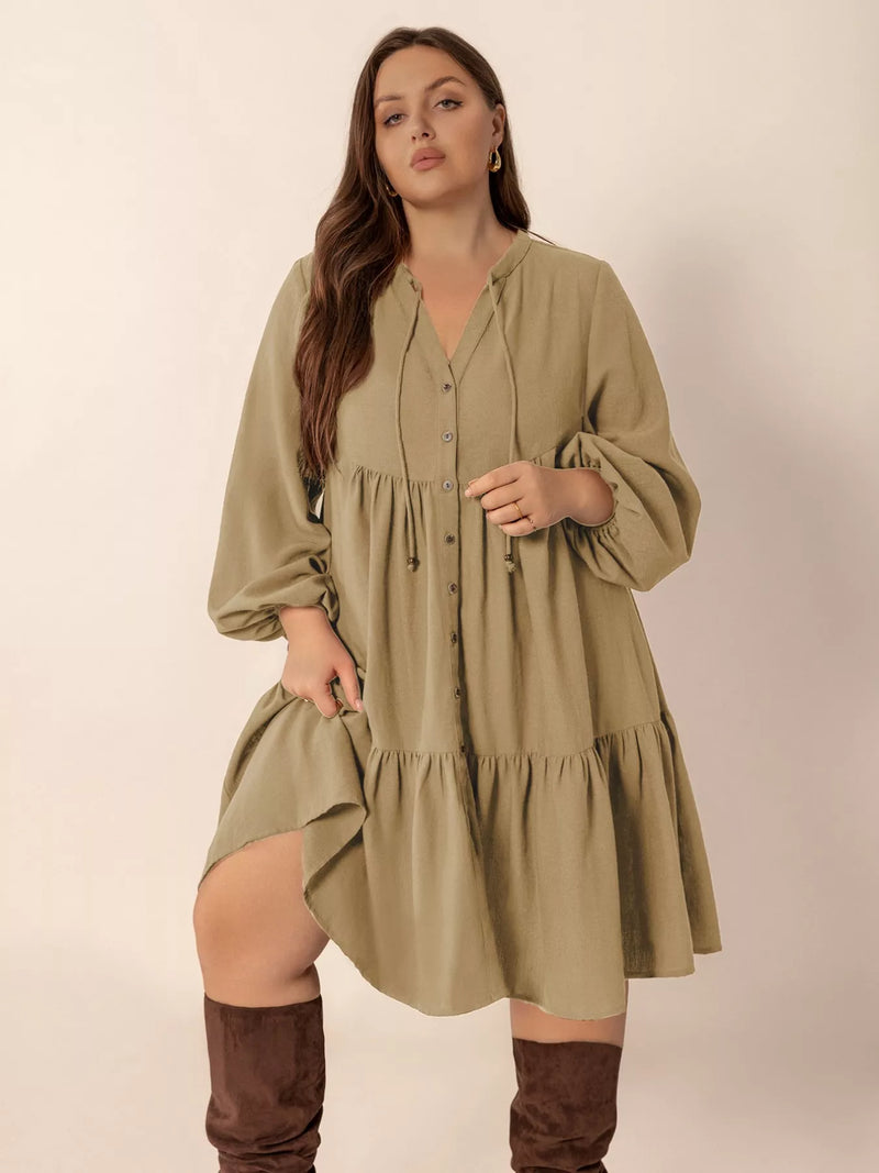 Tie neck balloon sleeve dress front view