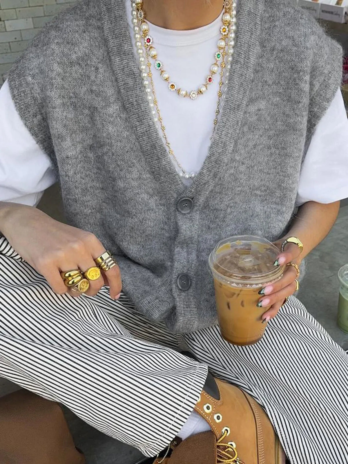 Button Front Sweater Vest in Brown on model