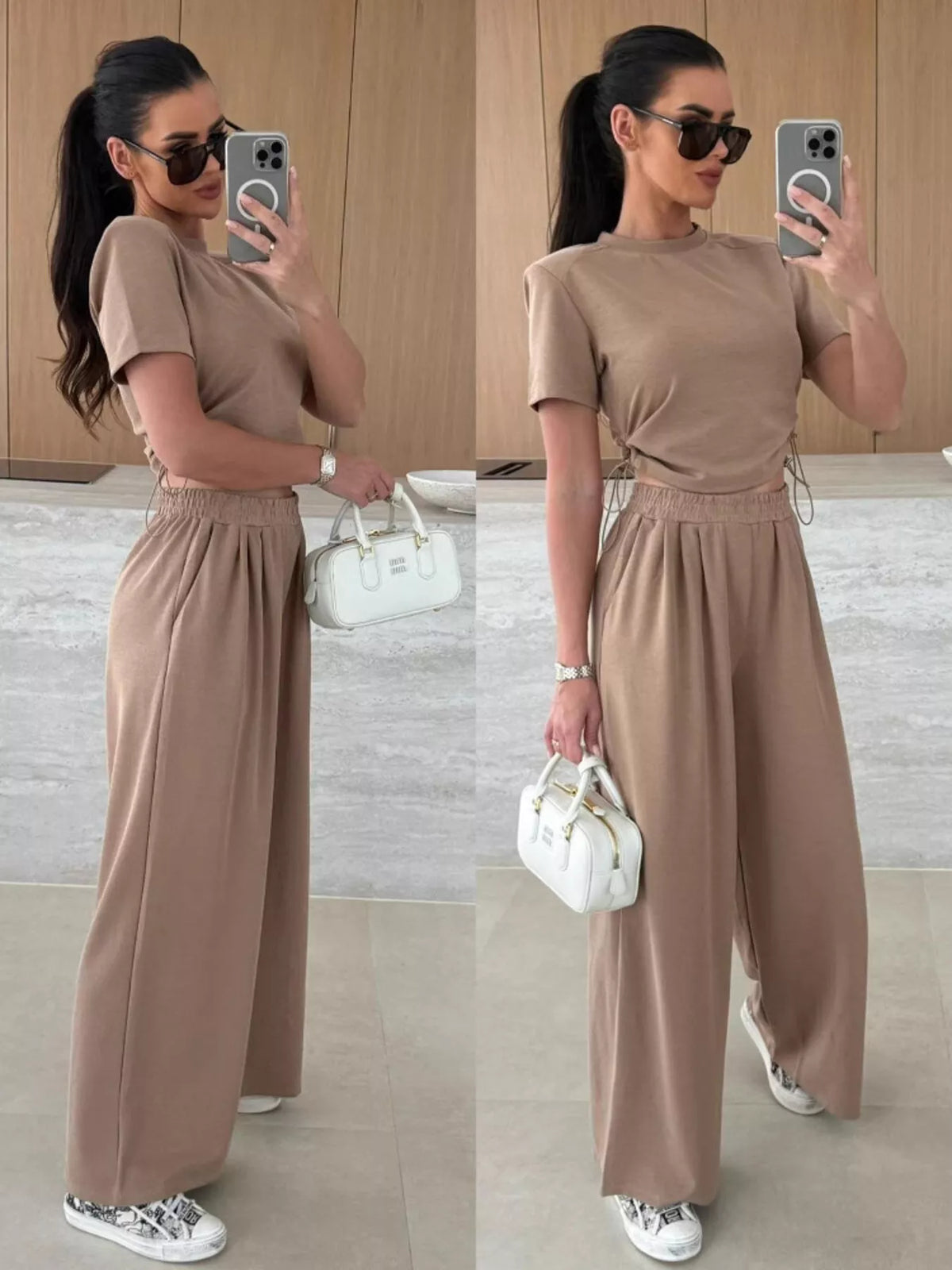 Drawstring Crop Top and Wide Leg Pants Set, view 14