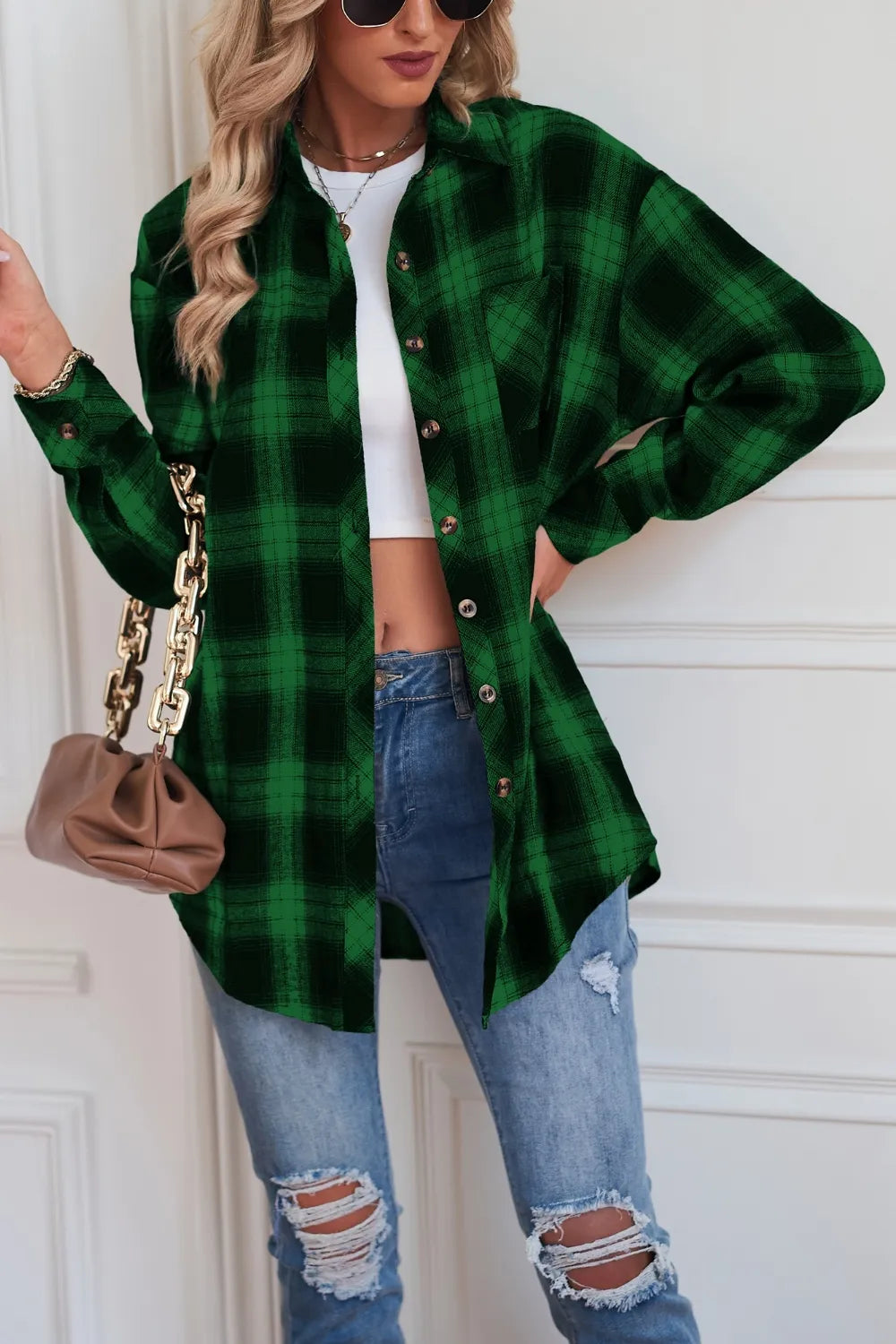 Plaid Button Up Dropped Shoulder Outerwear Dark Green - Fashorio