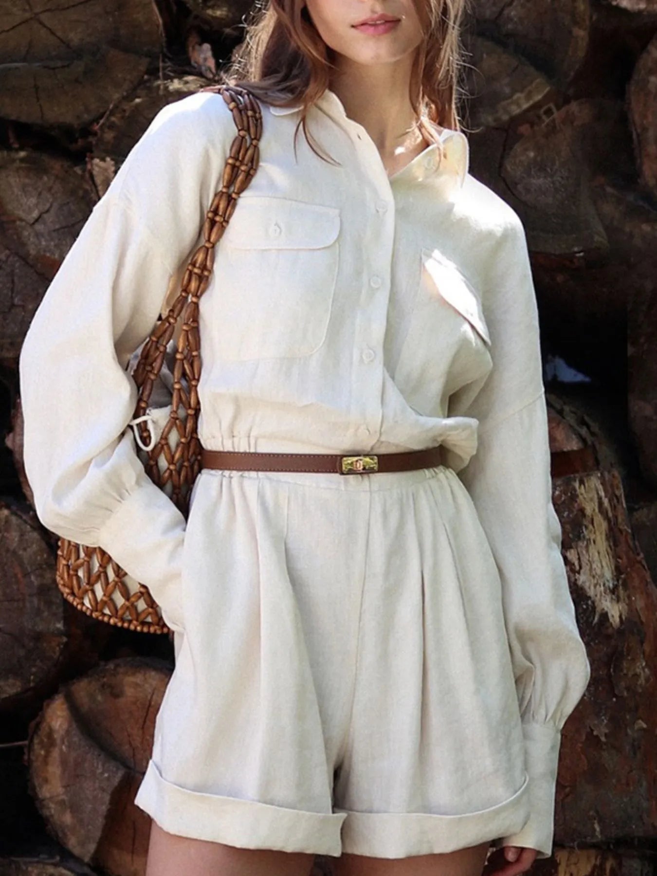 Casual Button Front Long Sleeve Romper - Fashorio