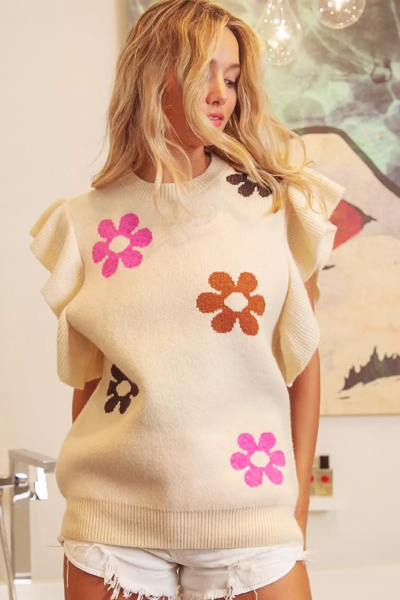Floral print ruffled sleeve knit top front view