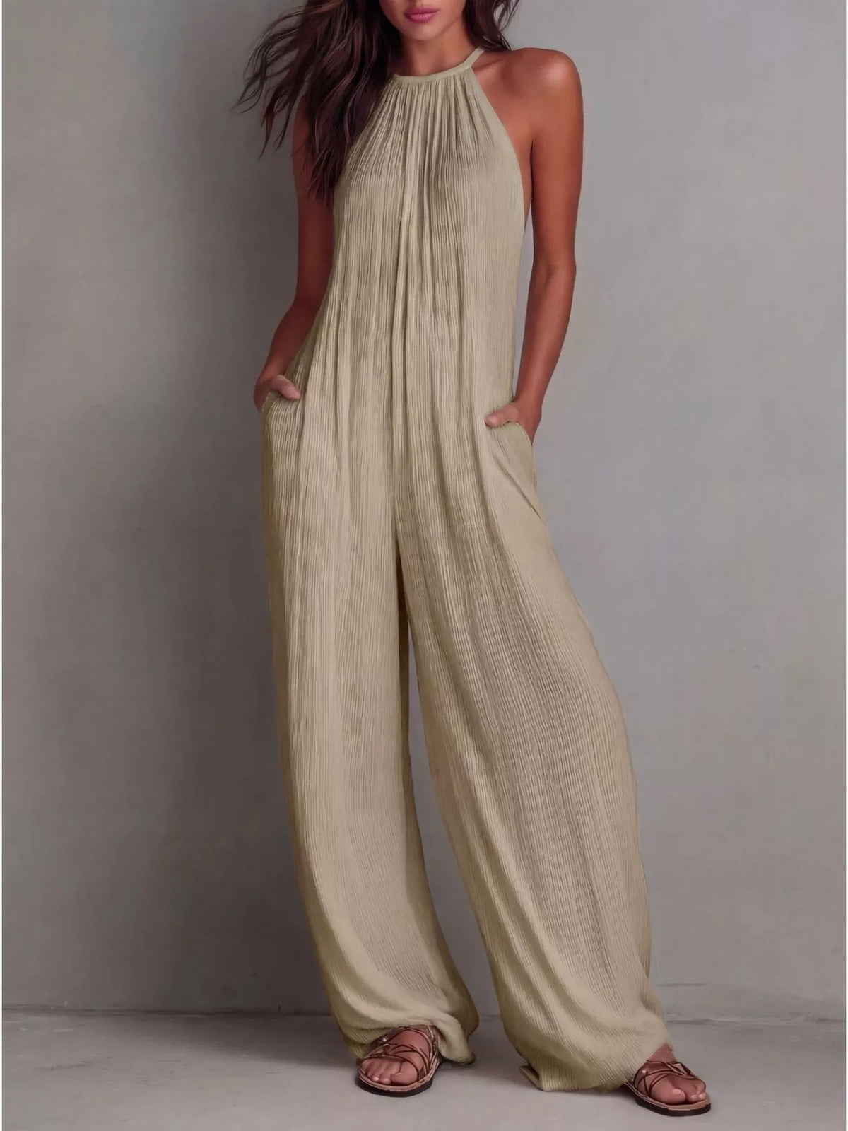 Sleeveless wide leg jumpsuit styled view