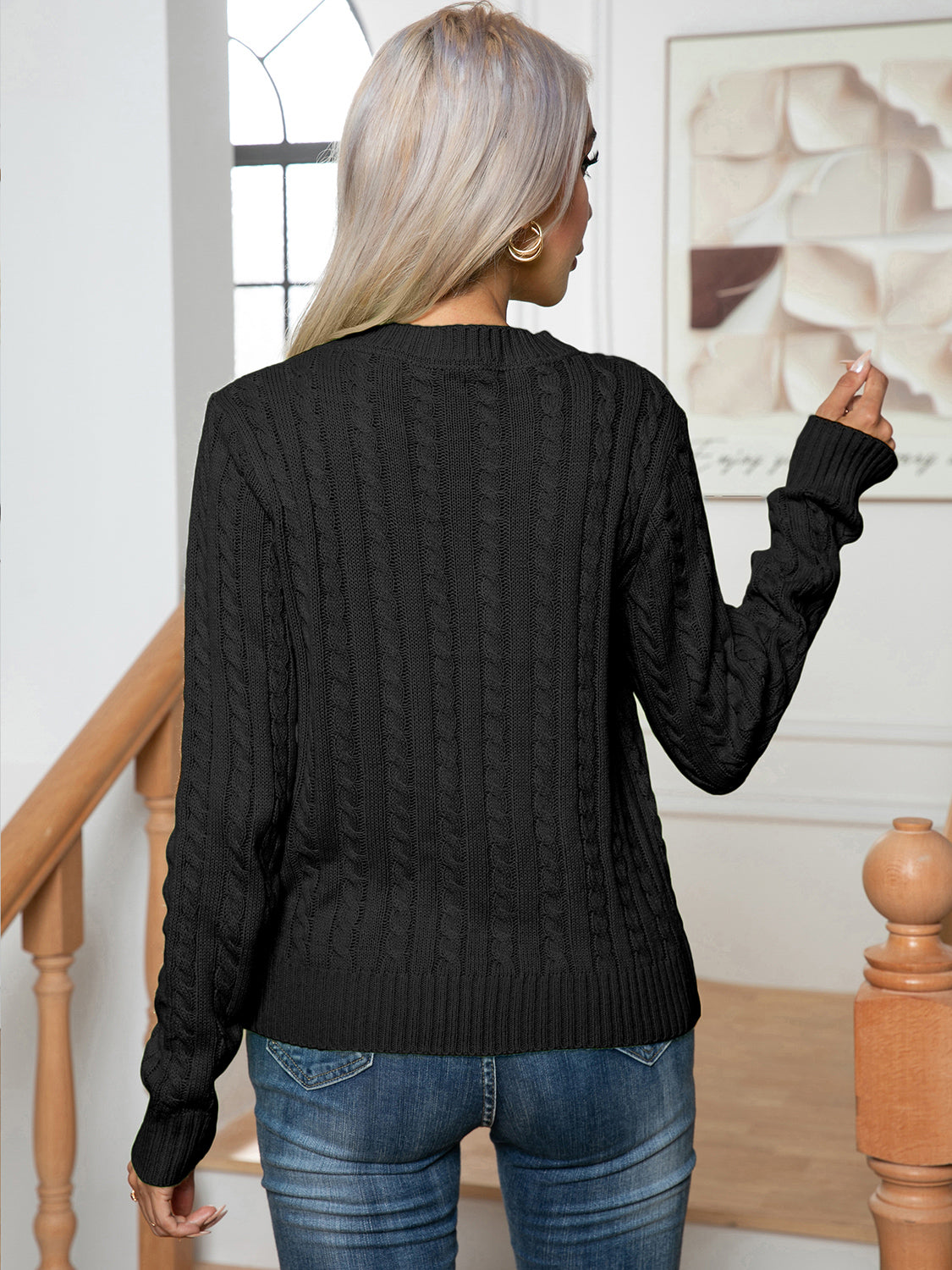 Cable-Knit Round Neck Long Sleeve Sweater - Fashorio